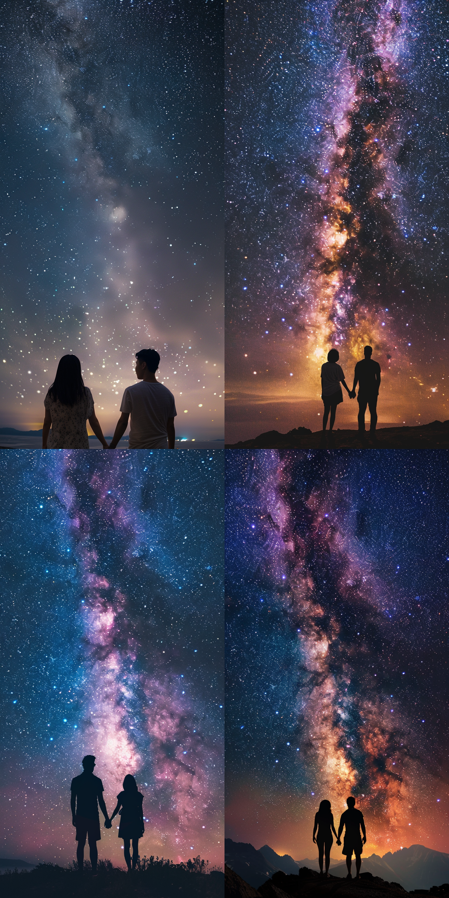 星空中，一对情侣手牵手仰望星座。浪漫的氛围中，他们身穿休闲服装，笑容灿烂。摄影风格唯美，用广角镜头拍摄，展现出无尽的星空和浩瀚宇宙。夜空中的星星点缀着整个画面，营造出神秘而迷人的氛围。
