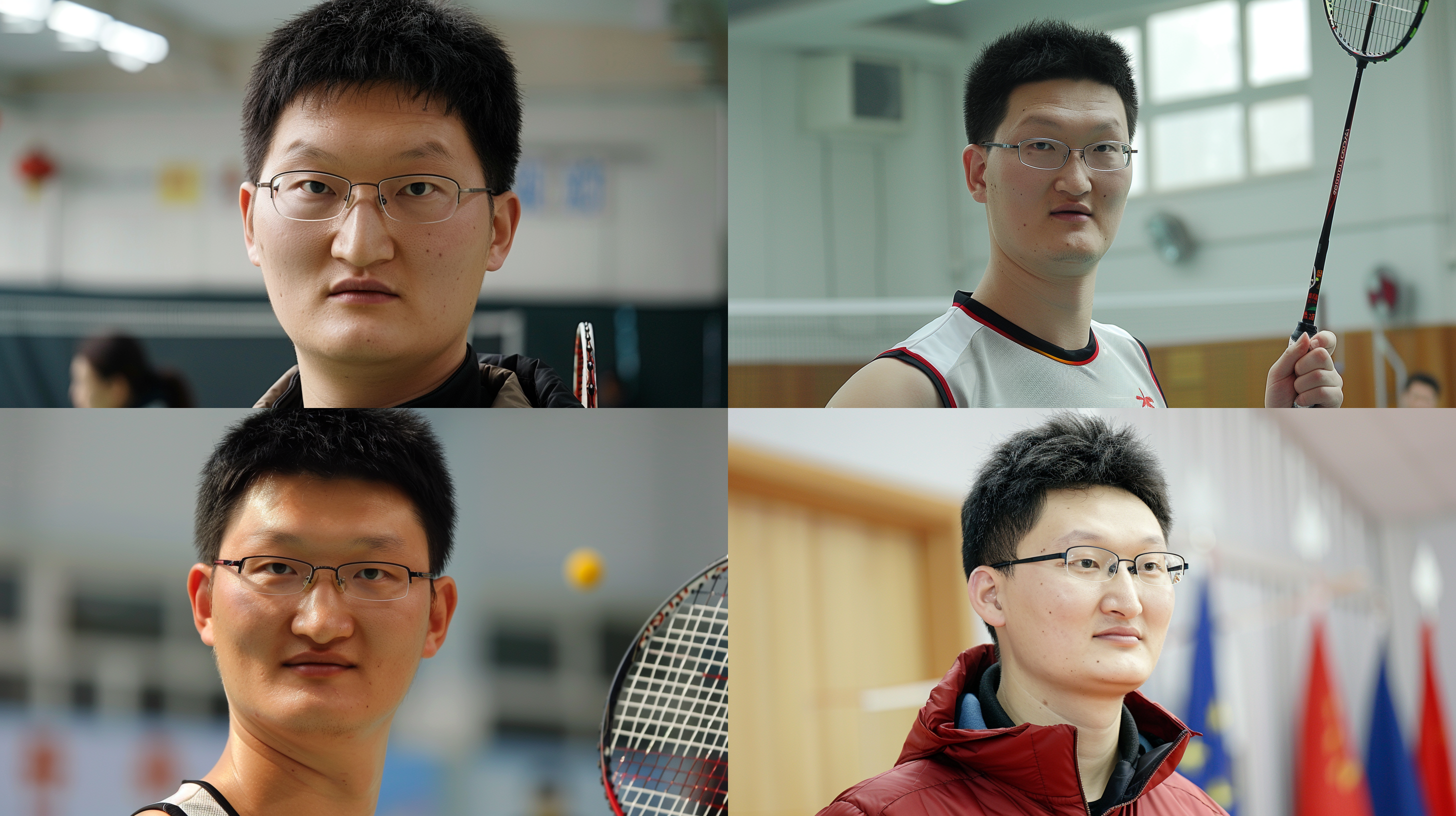 中国男青年打羽毛球，室内场地，运动服装，汗水飞溅，快速连拍，逆光，高速快门，运动员，红色主调，活力。