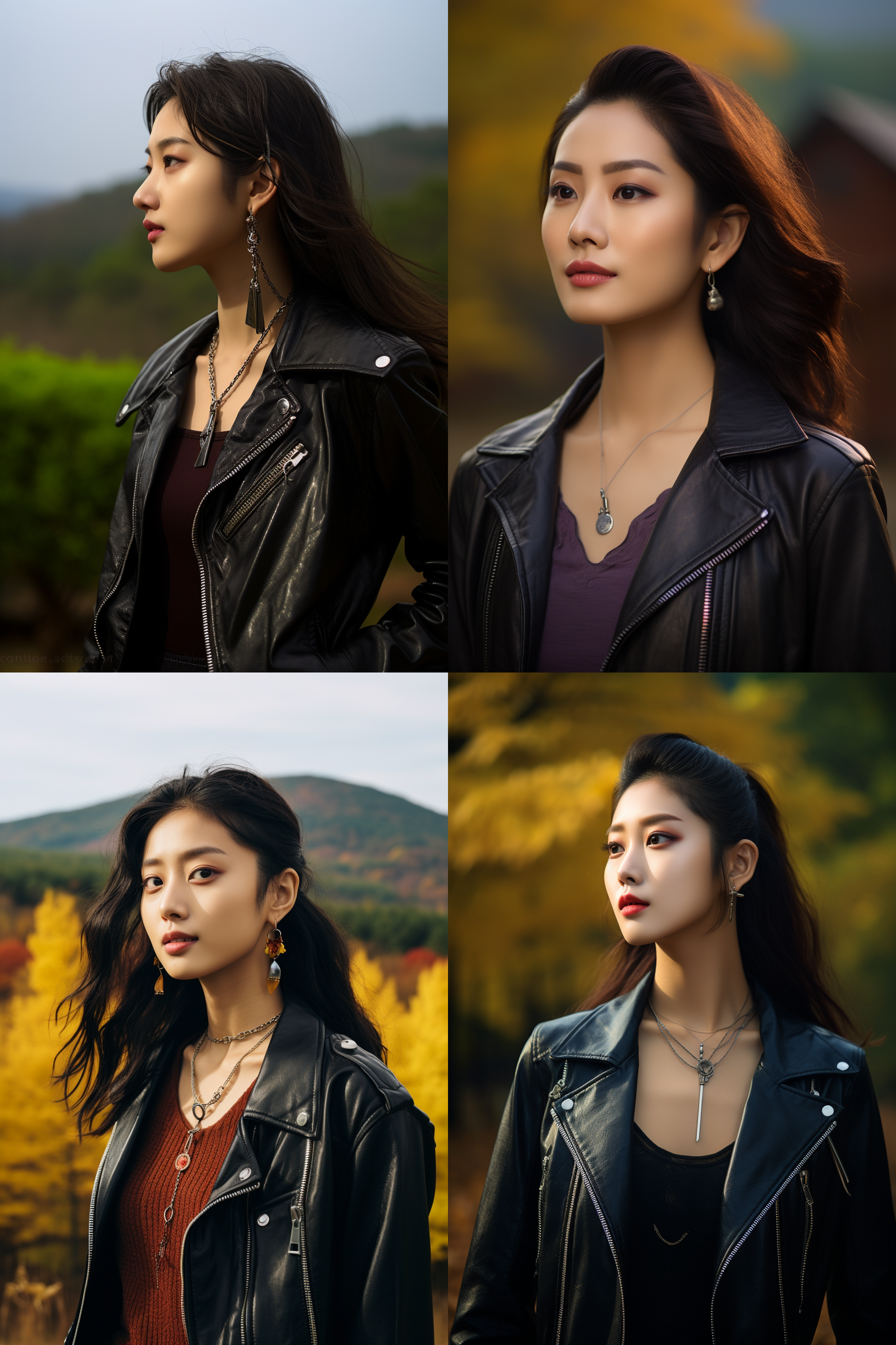 中国戴戴耳钉女孩，穿皮衣，明亮光线，摄影图 清新自然，户外风景，肖像模式，中焦镜头，自然姿态，色彩鲜艳，快门优先，放松自然