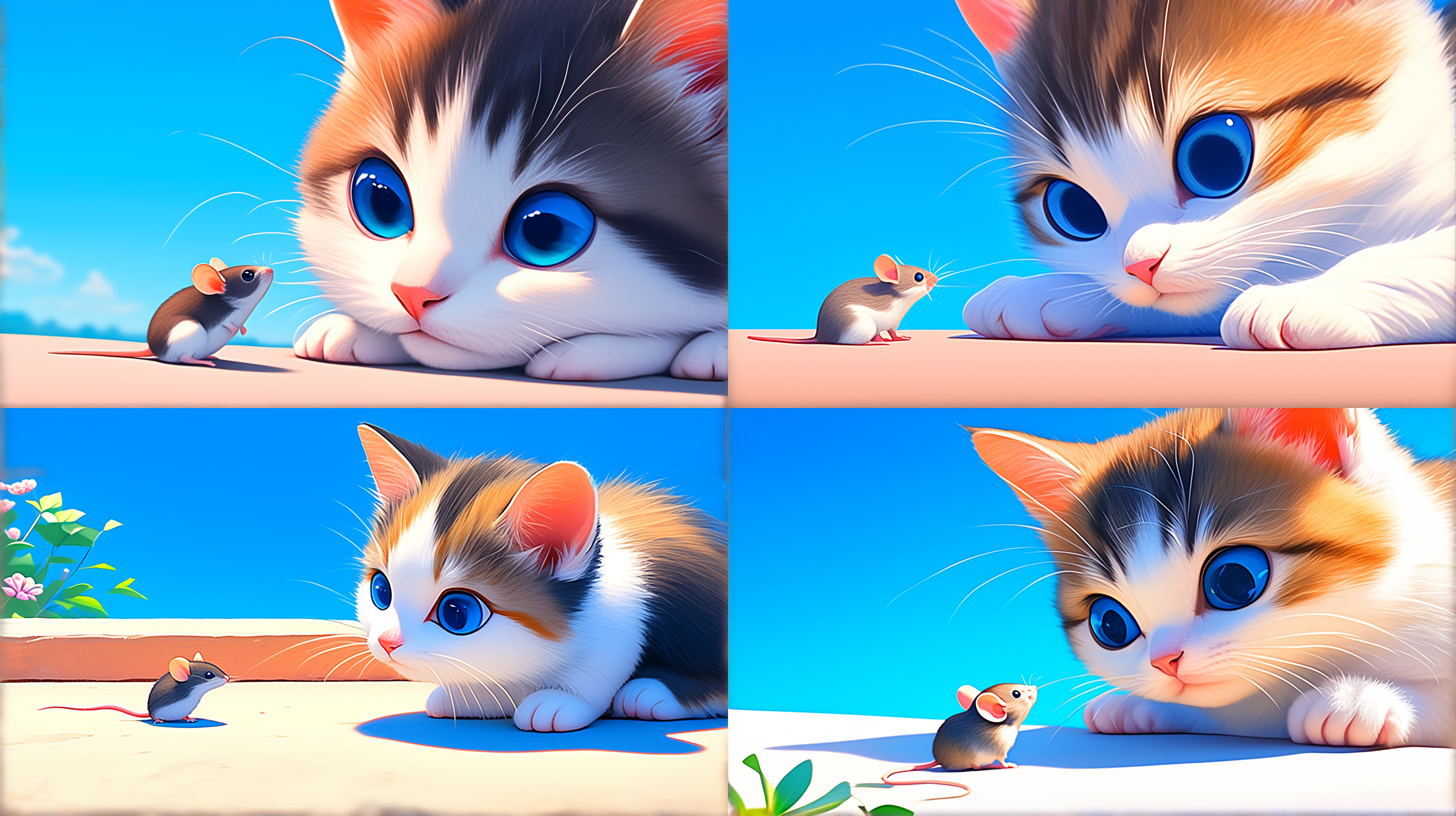 小猫咪趴在右边角落，小老鼠躲在左边角落，主体侧视图，猫咪和小老鼠互相对视，纯色背景，细节突出，静态，柔和光线，可爱，温暖，放松，清新。