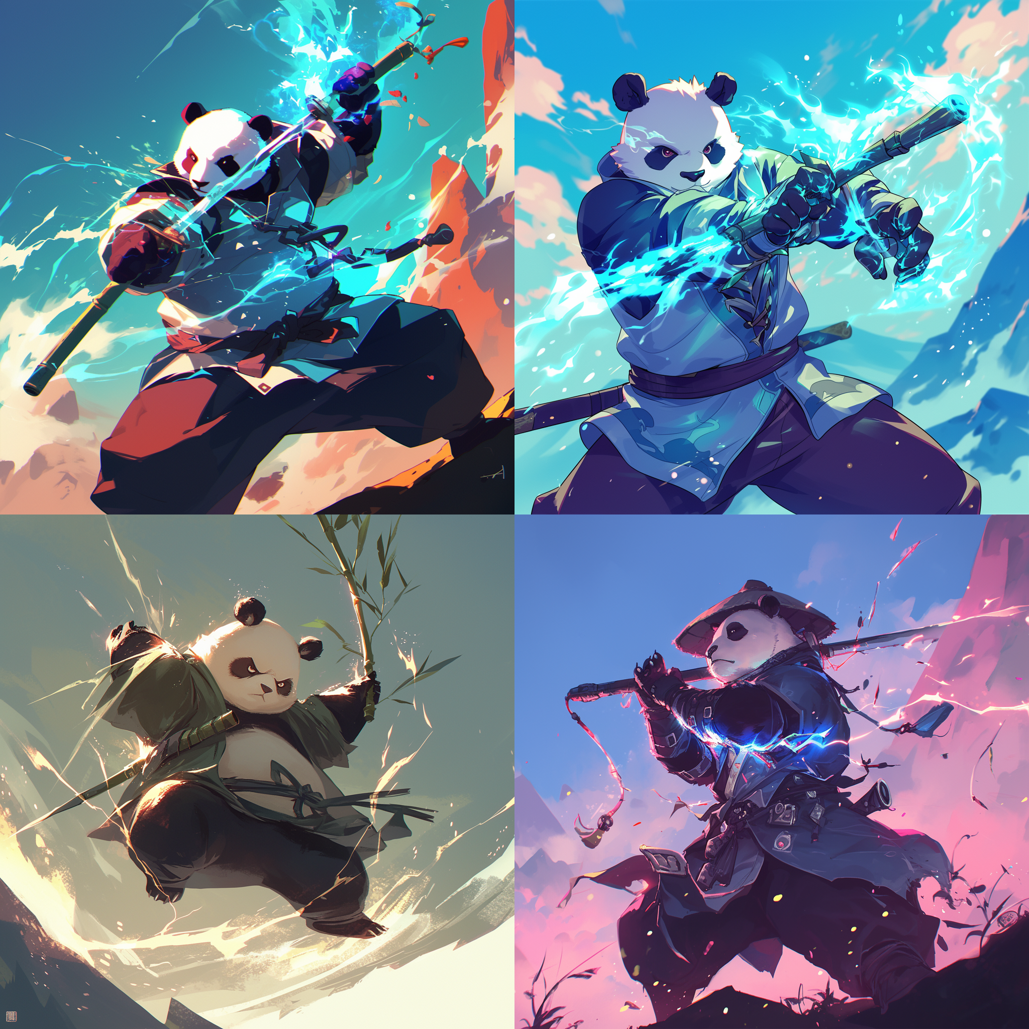 手握竹子的熊猫，武侠风格，酷炫，雷电 熊猫手持竹子，武侠风格，动感构图，山间，高饱和度，长焦镜头，刀光剑影，英姿飒爽，电光火石，冲击感。