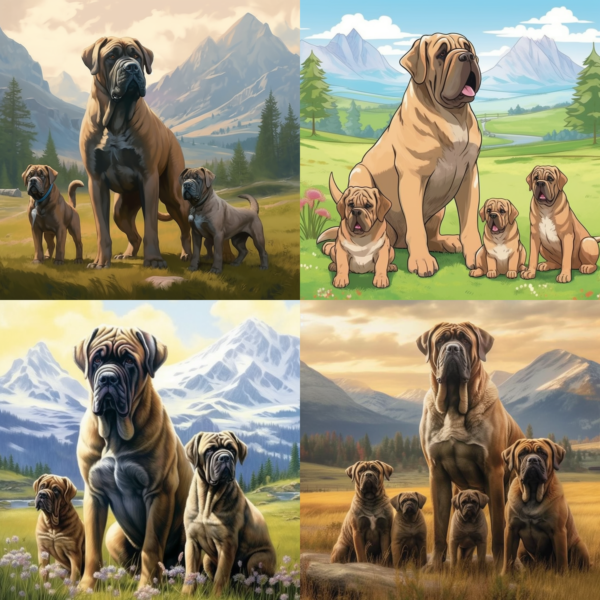 一只雄壮的獒犬坐在草地上，它的背后是一片壮丽的山脉。獒犬昂首挺胸，毛发闪亮，眼神坚定而自信。它身旁有三只可爱的小獒犬，它们围绕着母獒犬，彼此依偎。整个画面充满了家庭和温馨的氛围。 獒犬, 草地, 山脉, 昂首挺胸, 自信, 可爱, 小獒犬, 母獒犬, 家庭, 温馨