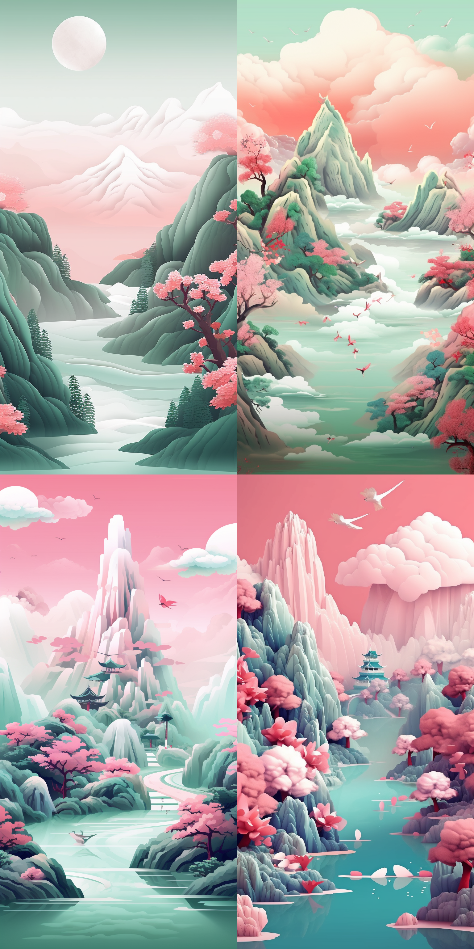 白底中国插画，玉石，山水，祥云，丰富细节，超级精致，粉绿颜色，平面插画风格，12k，3d，