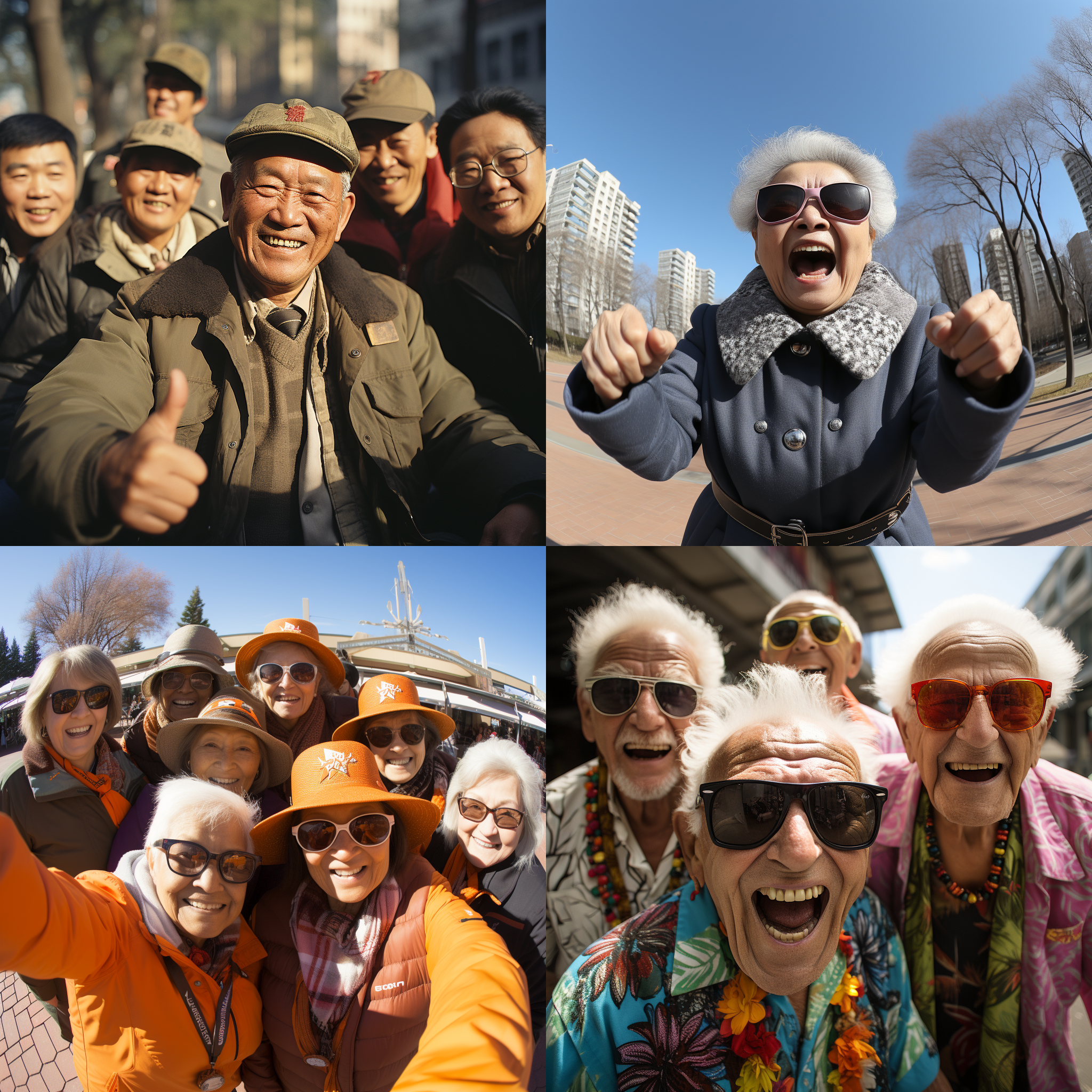 一群华人老年人在公园里玩耍，他们戴着五颜六色的帽子，笑容满面。照片以对角线布局，捕捉到他们欢乐的场景。使用鱼眼镜头，突出人物和环境之间的互动。明亮的阳光照射下，色彩鲜艳，充满活力。欢快的动作，传递出无畏岁月的精神。