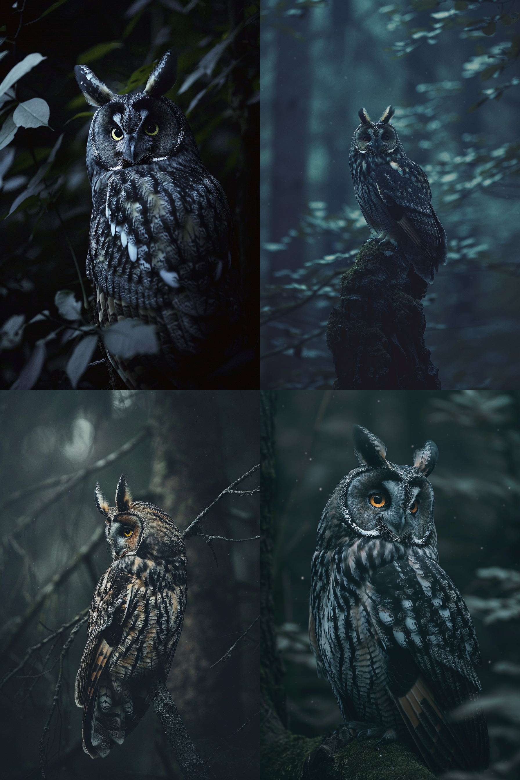 长耳猫头鹰在安静的夜晚中，独特的魅力让它成为神秘的守护者。照片以长耳猫头鹰为主题，背景是茂密的树林。整个照片采用暗调，给人以神秘感。使用长焦镜头突出猫头鹰的细节，侧光使其轮廓更加分明。猫头鹰注视着前方，自然元素和星光营造出神秘的氛围。 摄影纪实 洞穴