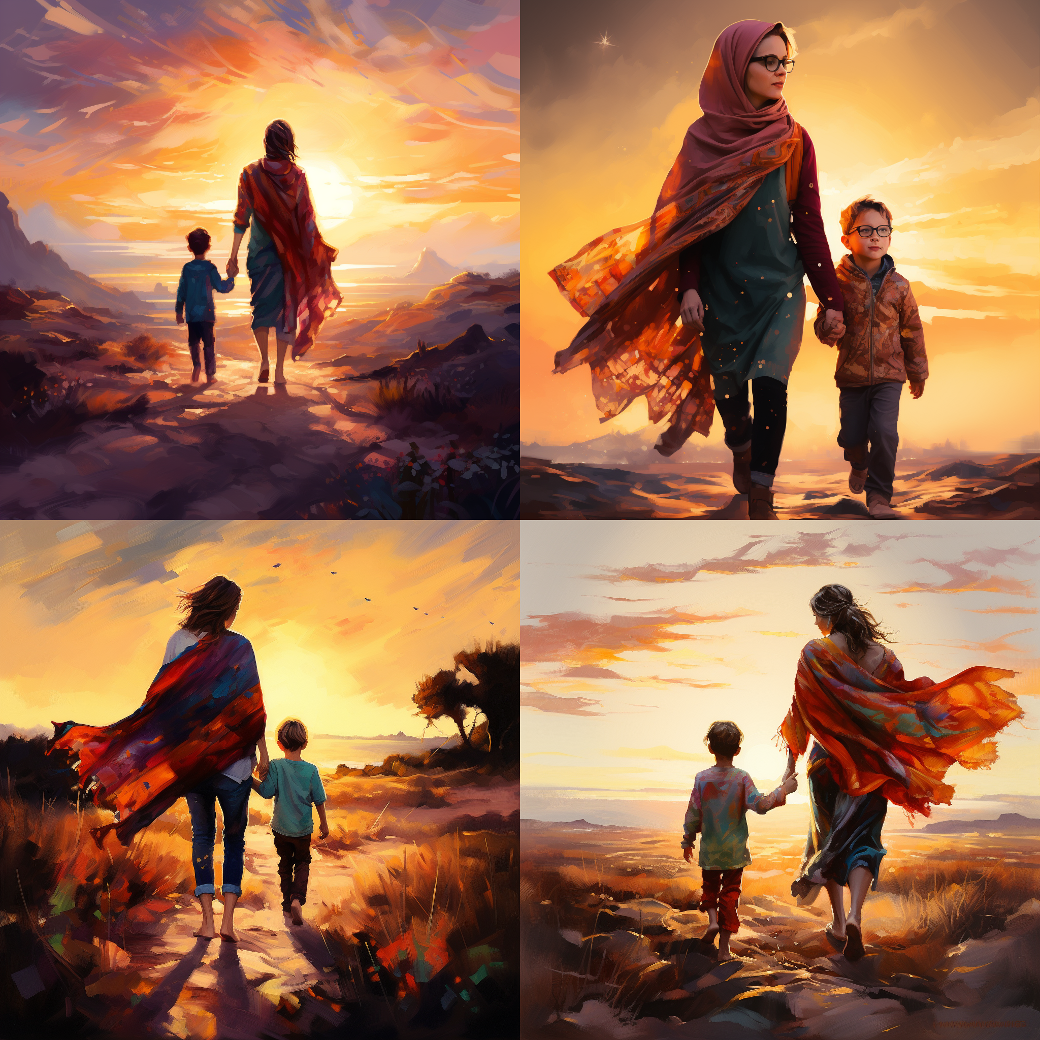 夕阳下 ，一个长方披肩的女人和一个戴眼镜的小男孩在散步。明亮的色调，浪漫风格，一切都很美好。