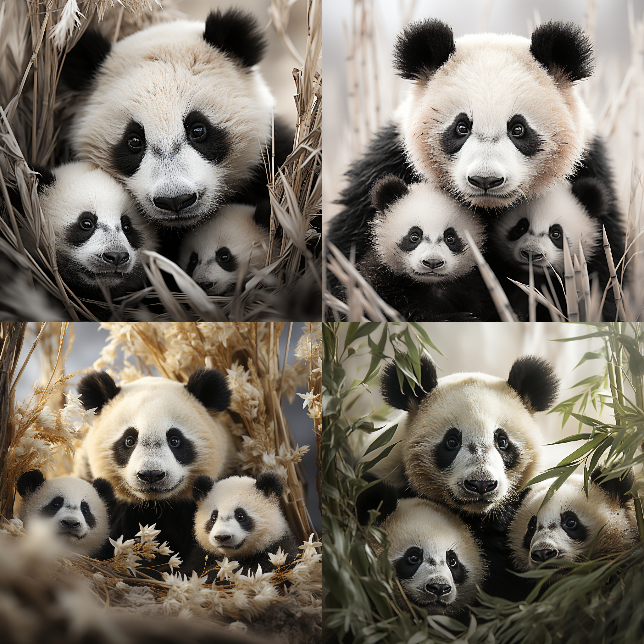 熊猫一家，森林中，竹林环绕，母熊猫拥抱幼崽，温馨亲情，黑白色调，中焦镜头，柔和侧光，静态，温暖。
