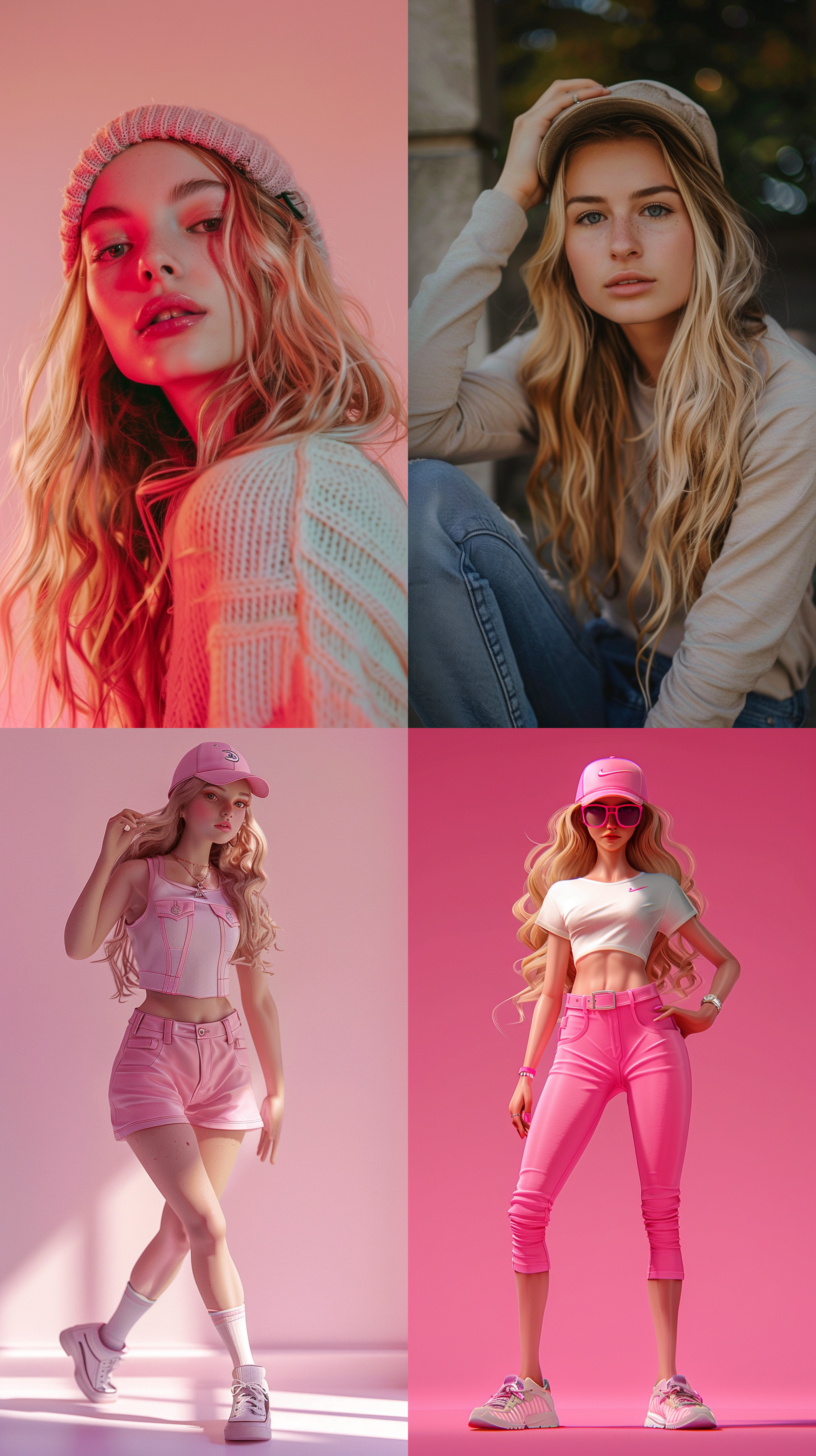 international model wide angle shot of the full body of an attractive european woman with bright blonde wavy,character, multiple poses::2 and expressions, simple, cute, full color,pink dress, baseball cap, backpack, flat clor, no outline