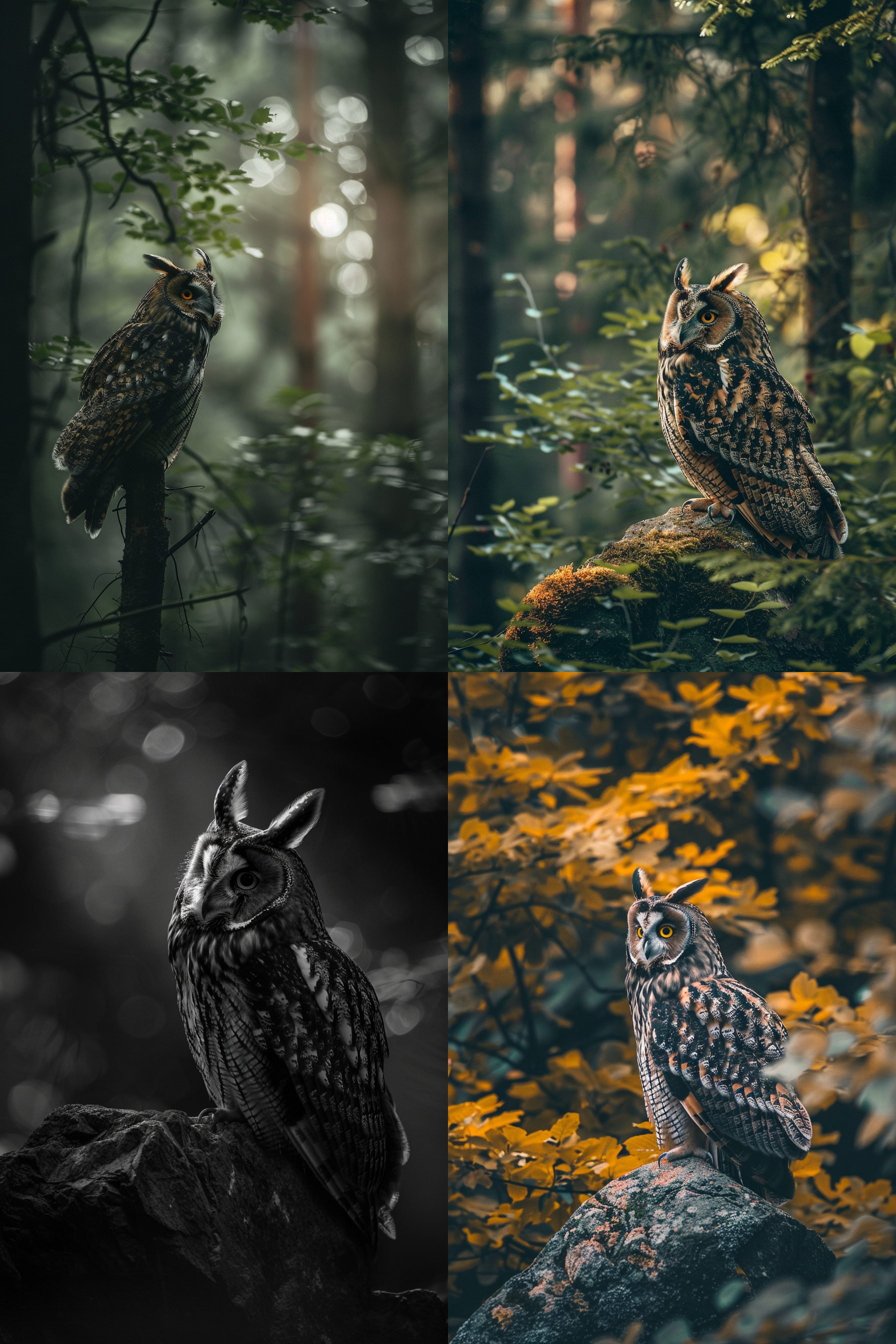 长耳猫头鹰，白昼，树林，神秘，丁达尔光，长焦镜头，侧光，注视，自然元素，星光，神秘。 摄影纪实 洞穴