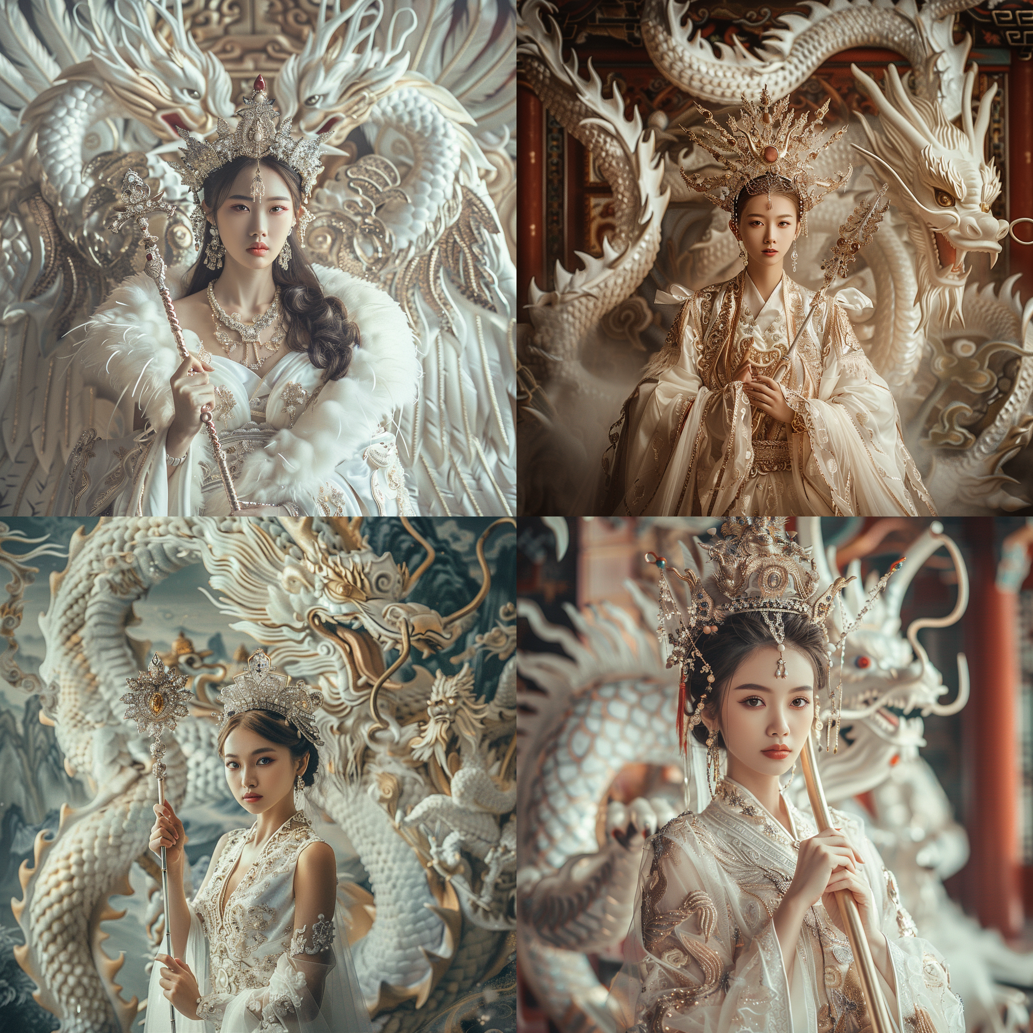 queen, asian, model body, wearing a crown, holding a scepter, the background is journey to the west, heavenly palace, film style, portrait photography, fantasy, mythological style, white chinese dragon