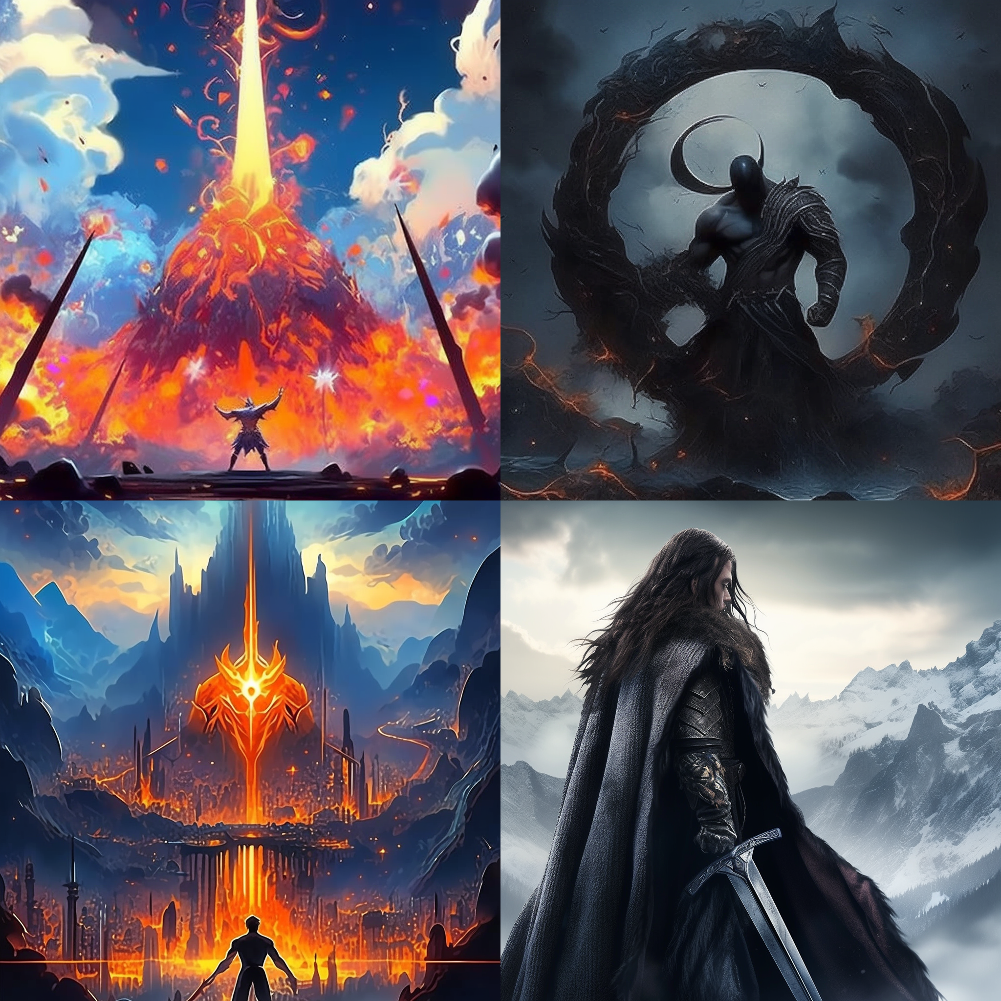 少年手持巨剑，站在山顶，背景是熊熊烈火和黑暗的云层。他英勇坚毅的表情与壮丽的山脉相映成趣。构图对称而稳定，配色以冷色调为主，突出了少年的勇气和力量。镜头使用长焦距，突出主题，同时利用远景增加视觉深度。屠龙少年，巨剑，山顶，烈火，云层，英勇，壮丽，对称，冷色调，长焦距，视觉深度。