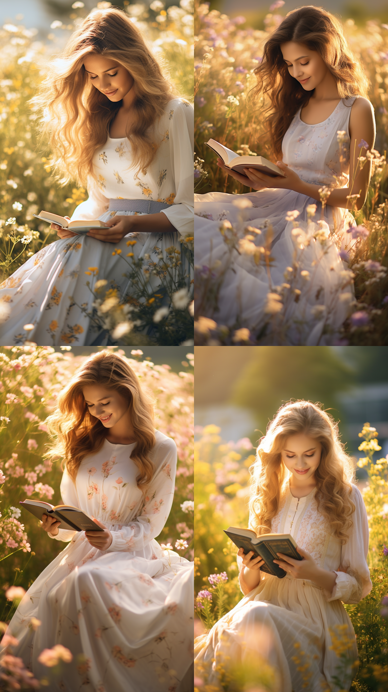 年轻美女，花海中，清晨阳光照耀下，身着飘逸长裙，微笑着，手中拿着一朵绽放的鲜花，另外一只手拿着一本书。柔和色调，浅景深，人物特写，自然光线，自然动作，温暖，欢快。花海, 清晨, 长裙, 微笑, 绽放, 书, 柔和色调,浅景深, 特写, 光线, 动作, 温暖, 欢快.