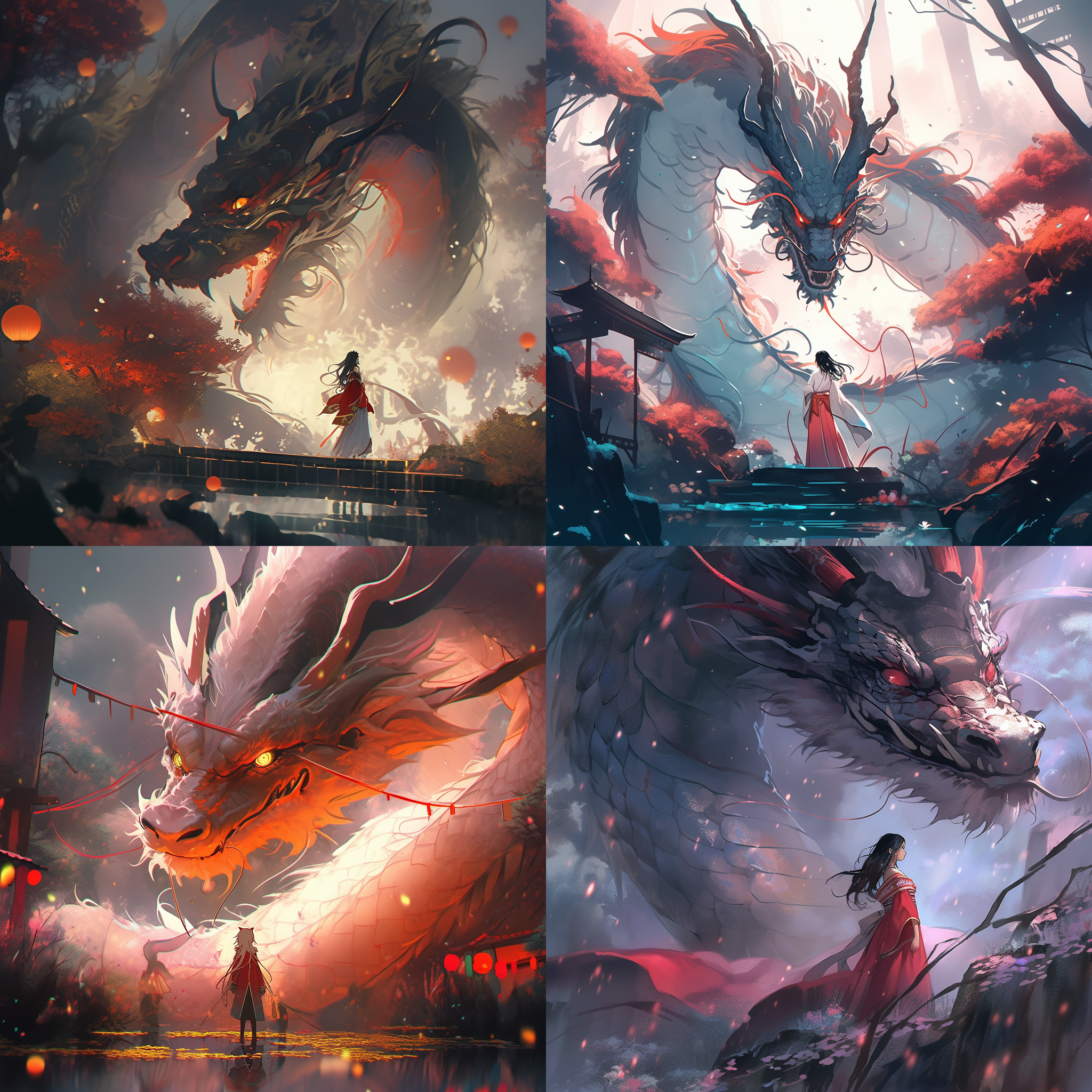 悬疑，一个美少女站在一条中国龙面前，一条巨大的龙、极其逼真，霸气，全景，低角度拍摄，生动、背景树林，昏暗的环境，悬疑感，惊悚感，富有表现力，