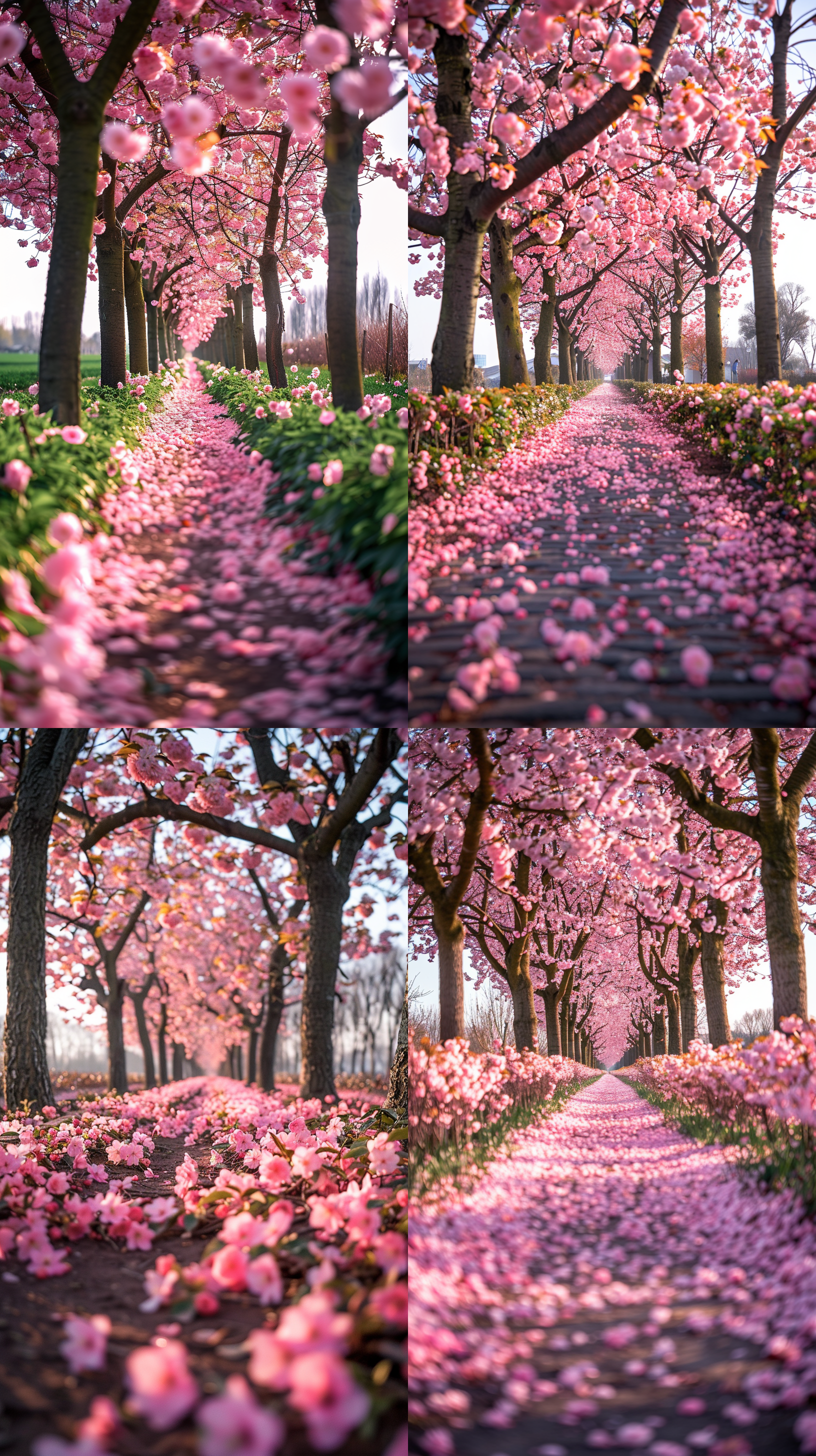 小路延伸到远处，樱花林，盛开着粉嫩的花朵，自然光，通透，干净，小光圈拍摄，长景深，无噪点。 摄影纪实