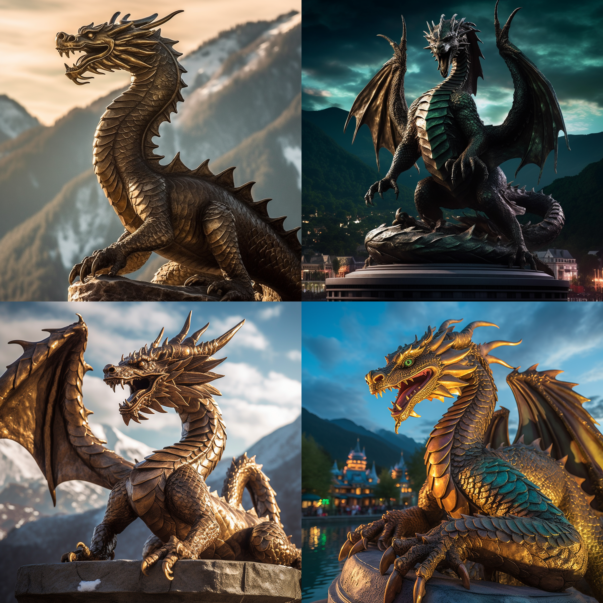 龙抬头，壮丽的山脉背景，阳光照耀下，青铜龙雕像显得威武庄重。龙身盘绕，眼神凝视远方，神态肃穆。夜幕降临时，灯光照亮了整个场景，营造出神秘而又神圣的氛围。雕像的龙鳞、龙须等细节栩栩如生，树立了龙的威严形象。龙抬头，尽显雄姿。壮丽，雄伟，神秘，庄重，威严，神圣，细节丰富，夜景，阳光照耀，山脉背景。