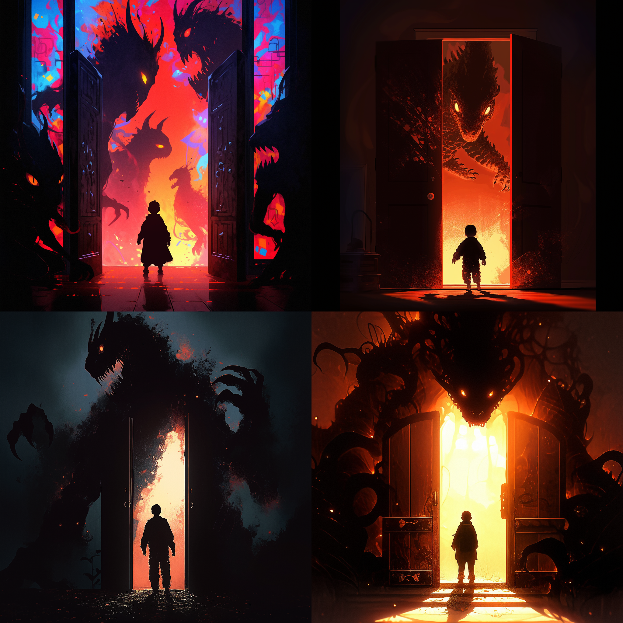 小男孩走向发光门，怪物环绕，暗调，逆光，长焦镜头，侧逆光，背影，幻想，勇气，恐惧。, 勇敢, 恐惧, 幻想, 逆光, 背影, 怪物, 发光门, 长焦镜头, 暗调