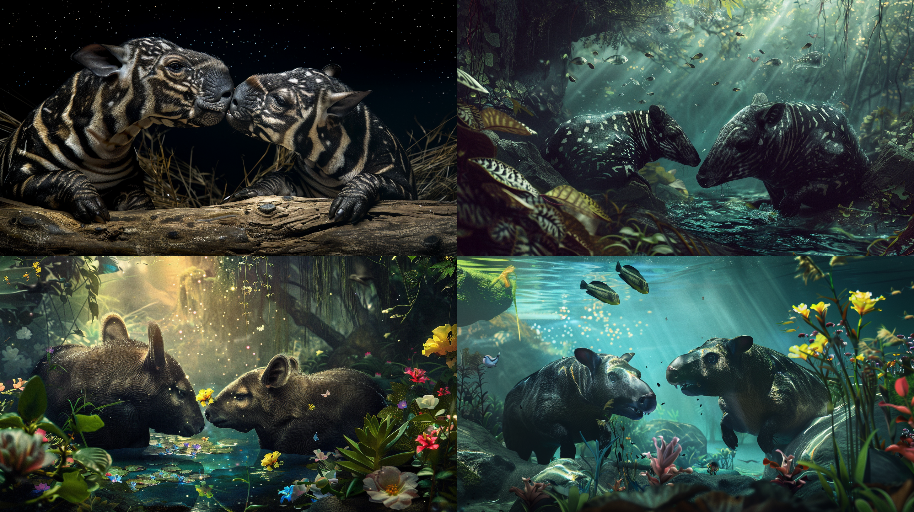 两只梦貘玩耍，魔幻背景，高清晰度，第三视角，神奇动物，色彩丰富，细节丰富，幻想，活泼。