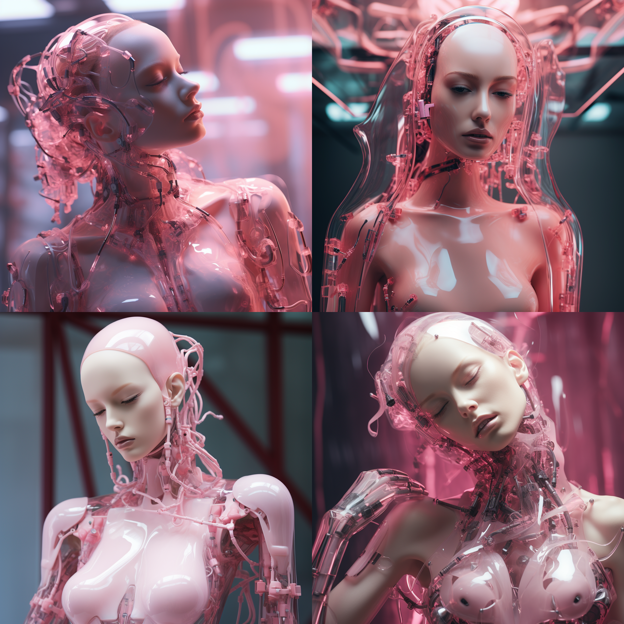 a robot woman with a head and body in a pink dress, pink manikin,in the style of vray tracing, translucent overlapping, alexander mcqueen, dark white, close up, dima dmitriev, neon
