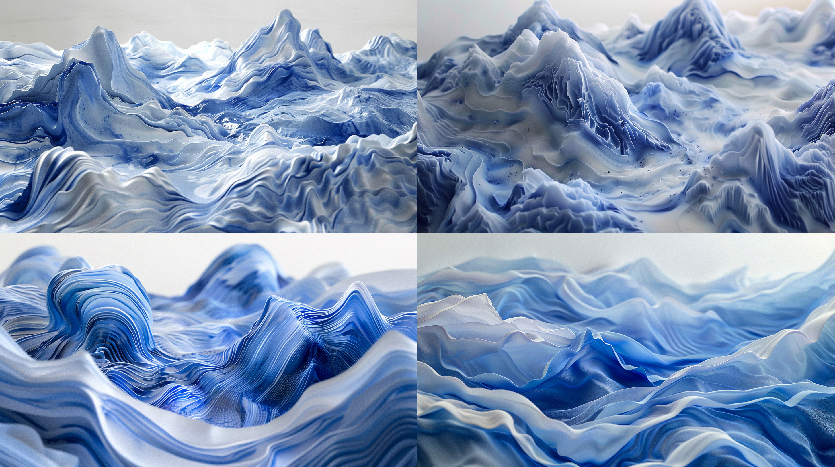 3d paintings of mountains and hills, in the style of miki asai, adam martinakis, macro photography, flowing fabrics, blue and white porcelain color matching, realistic details