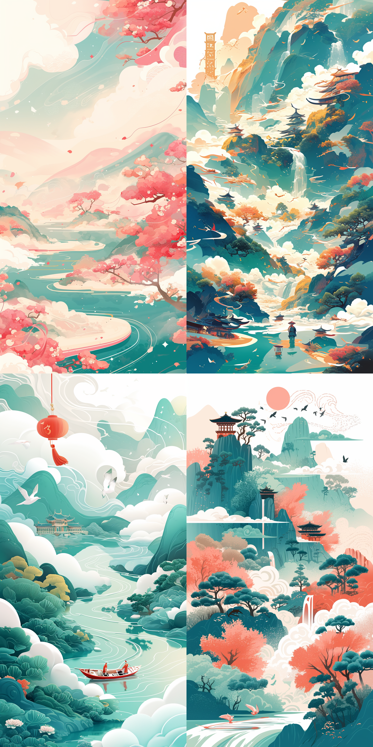 白底中国插画，玉石，山水，祥云，丰富细节，超级精致，粉绿颜色，平面插画风格，12k，3d，