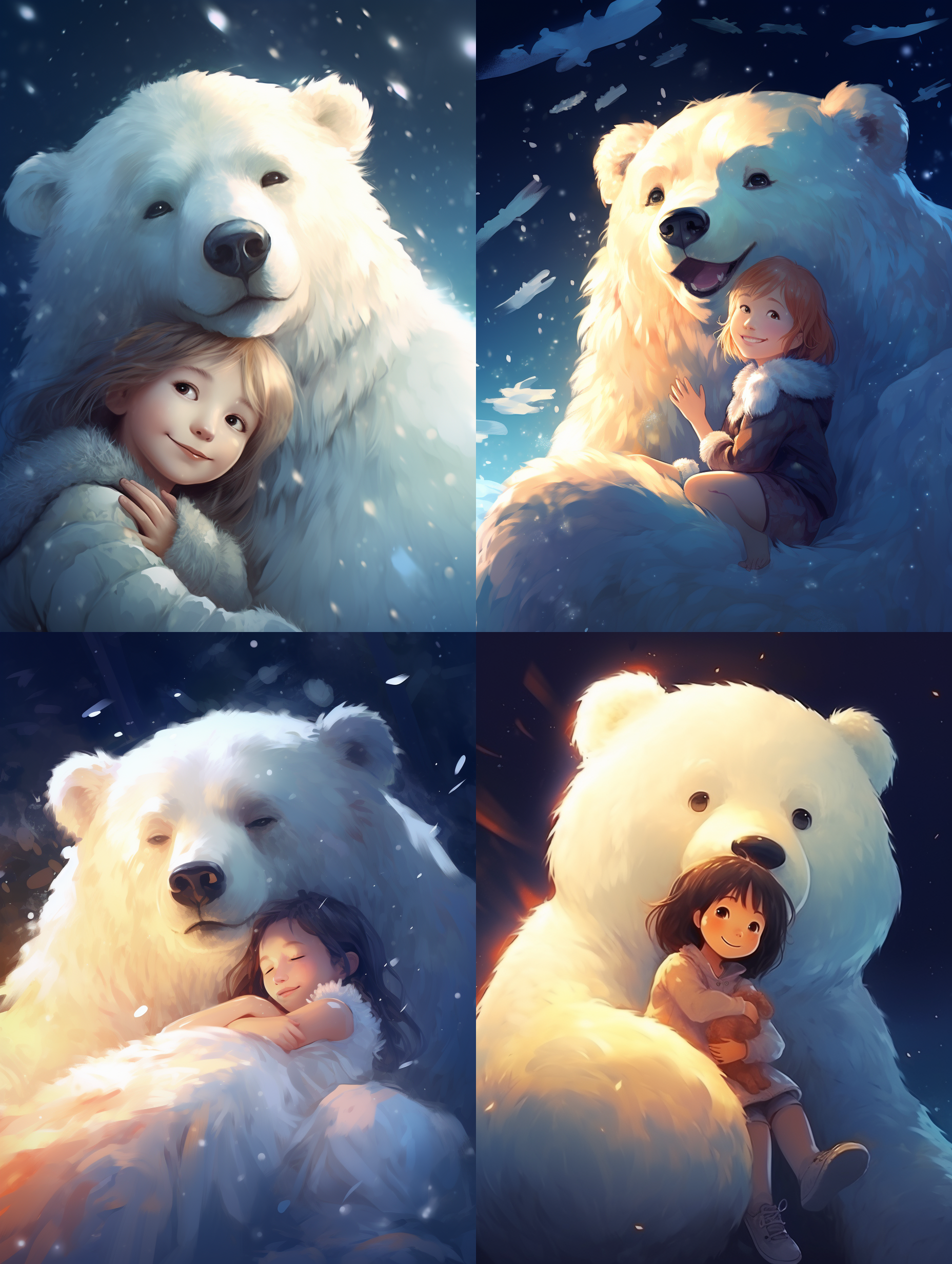 插画风格，白色的大熊抱着可爱的女孩，守护，微笑，夜空背景，超高品质，16k，温暖光，正面视角图