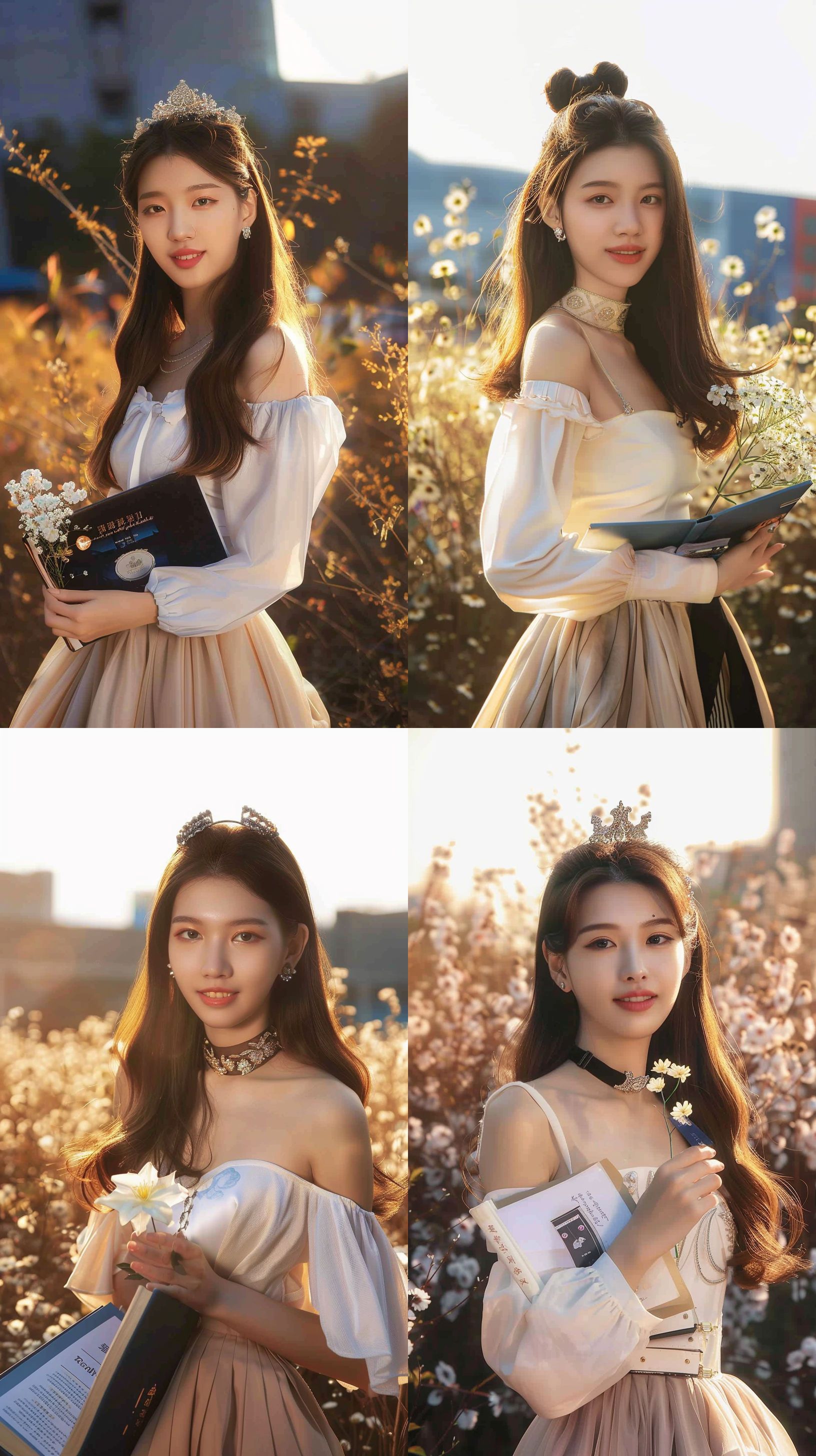 年轻美女，花海中，清晨阳光照耀下，身着飘逸长裙，微笑着，手中拿着一朵绽放的鲜花，另外一只手拿着一本书。柔和色调，浅景深，人物特写，自然光线，自然动作，温暖，欢快。 花海, 清晨, 长裙, 微笑, 绽放, 书, 柔和色调,浅景深, 特写, 光线, 动作, 温暖, 欢快.