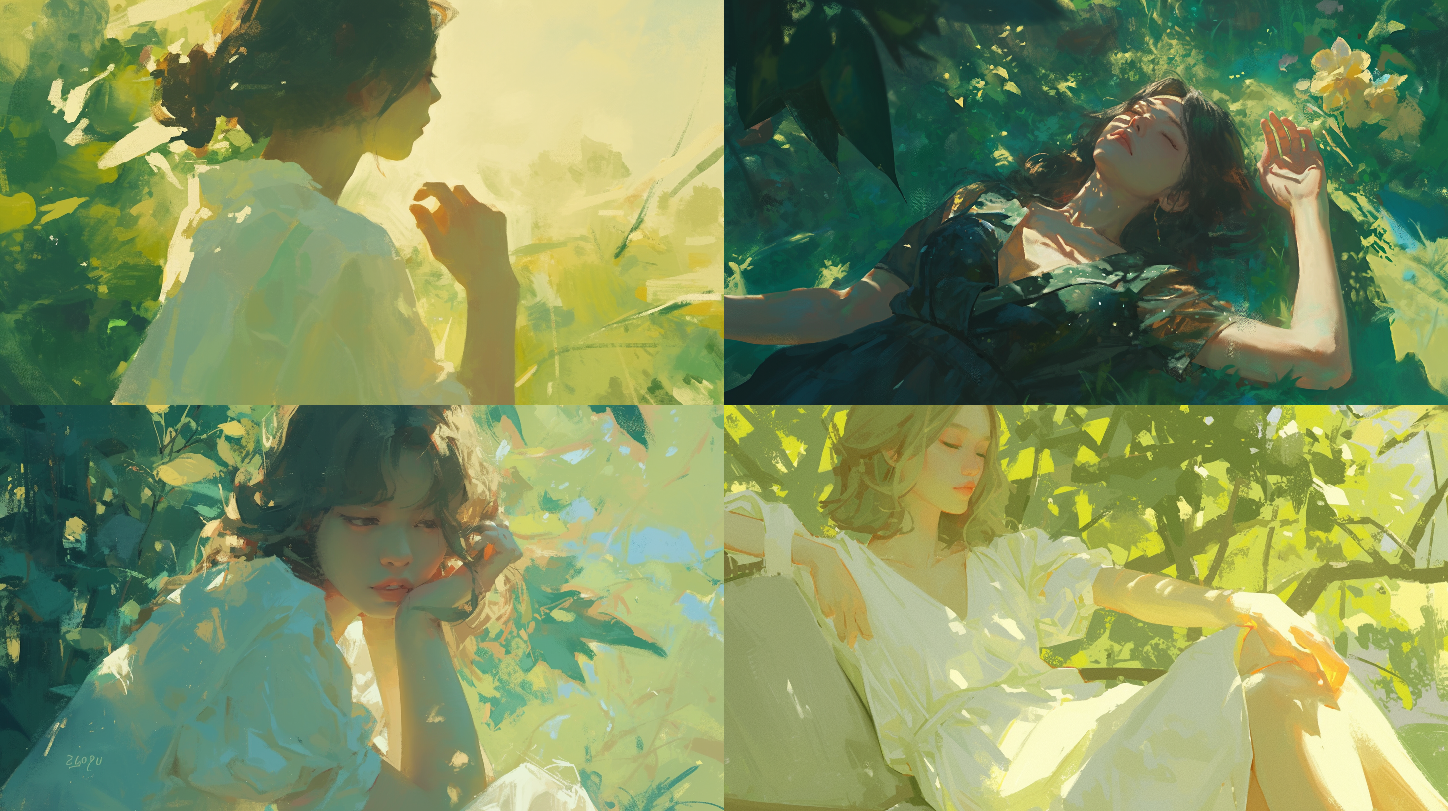 女子画画，自然布景，室外，柔和光线，专注表情，艺术，现代，纯净，宁静，油画效果，中焦距离，绘画动作，绿色调。