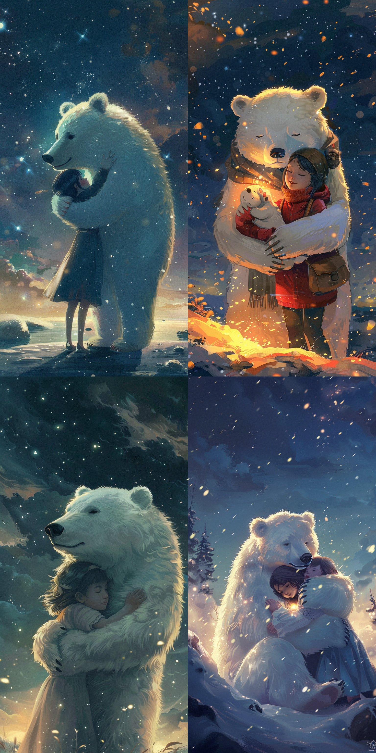 插画风格，白色的大熊抱着可爱的女孩，守护，夜空背景，超高品质，16k，温暖光，证明视角图