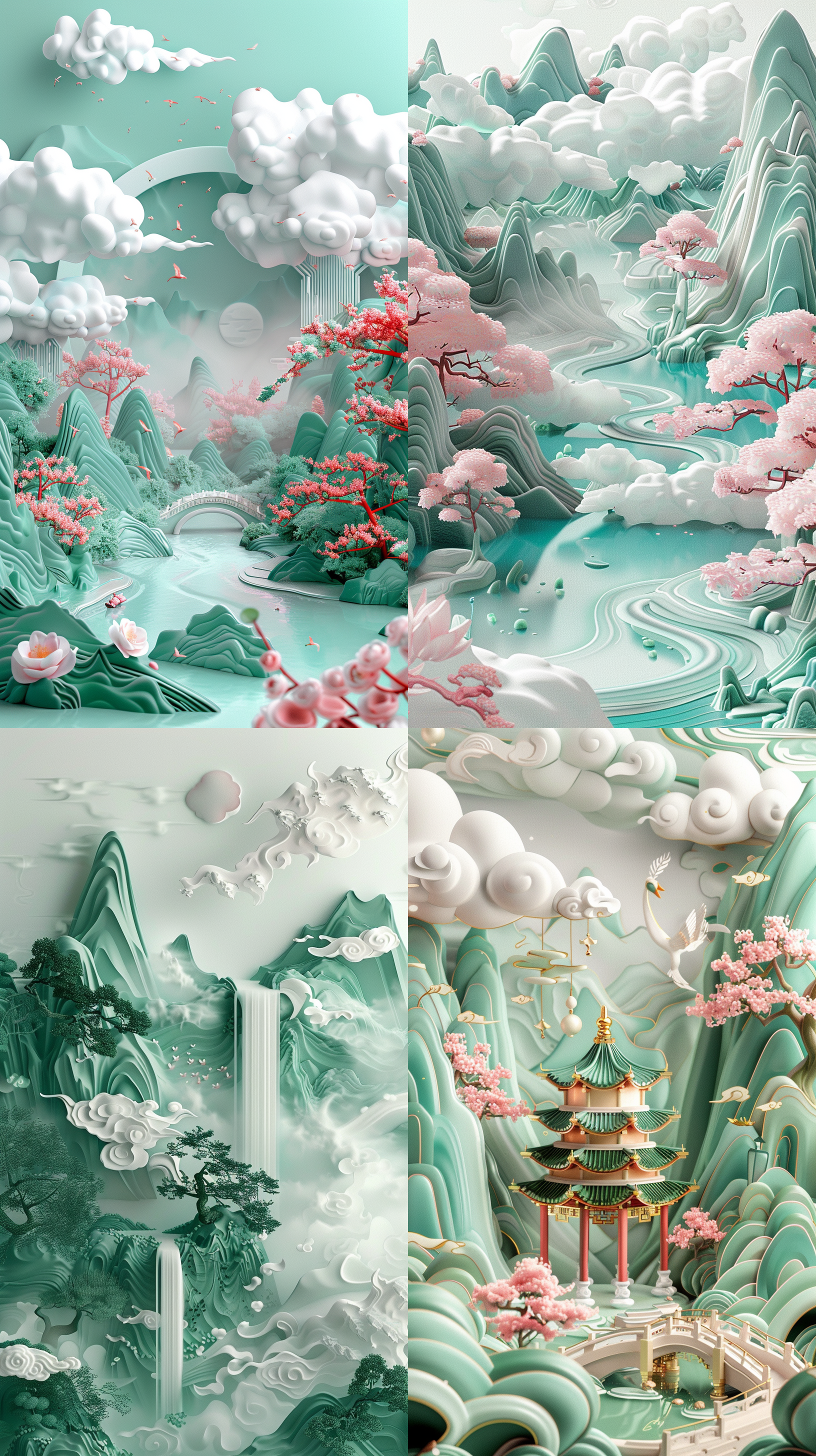 白底中国插画，玉石，山水，祥云，丰富细节，超级精致，粉绿颜色，平面插画风格，12k，3d，
