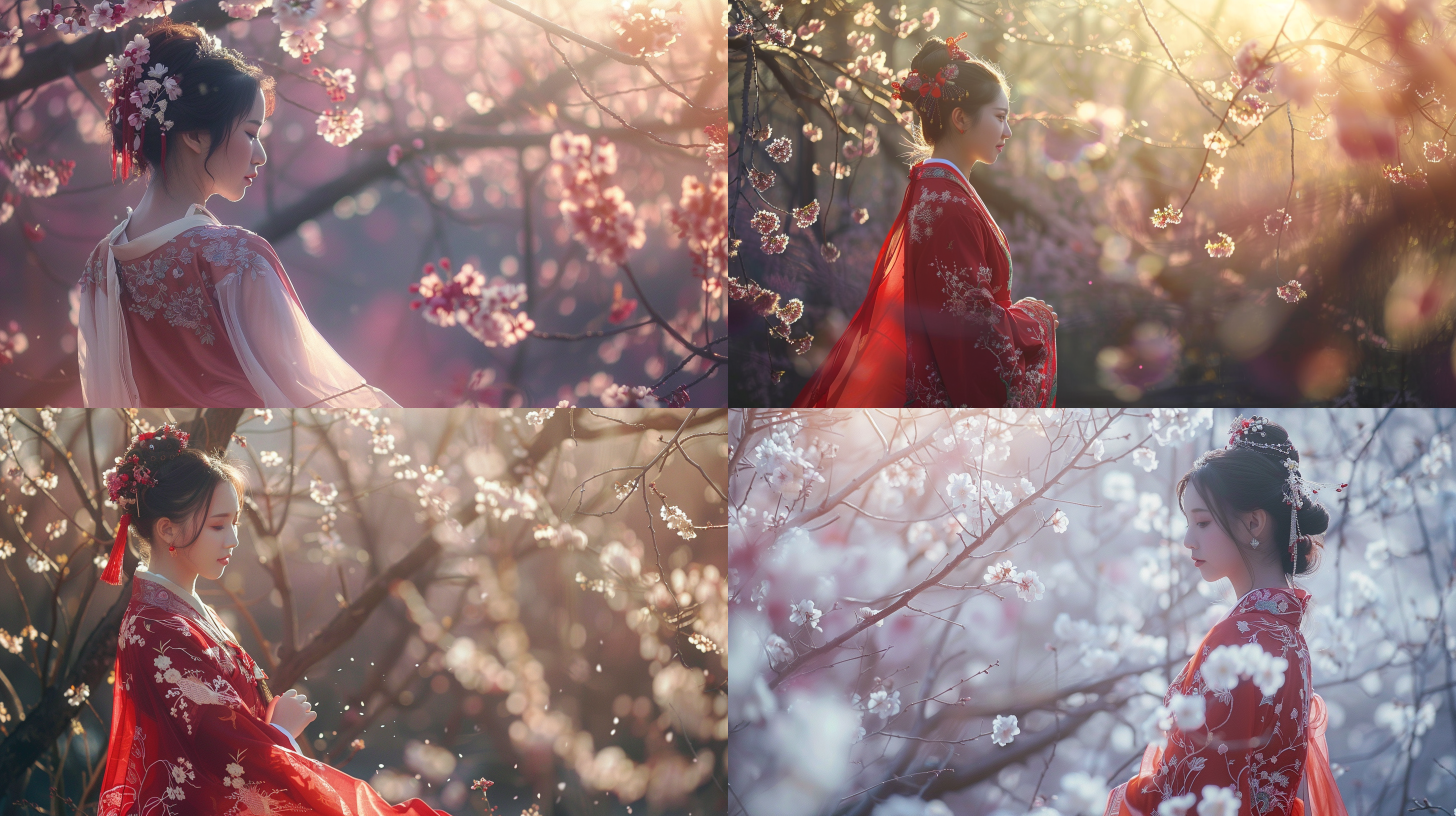 华丽而美丽的中国女子穿着传统汉服，在充满盛开树木的森林中欣赏樱花。图像捕捉到了光影的变幻，使用长焦镜头拍摄。对角线布局，高质量，光影，树林，盛开，长焦镜头，婉约，优雅，温柔，自然。