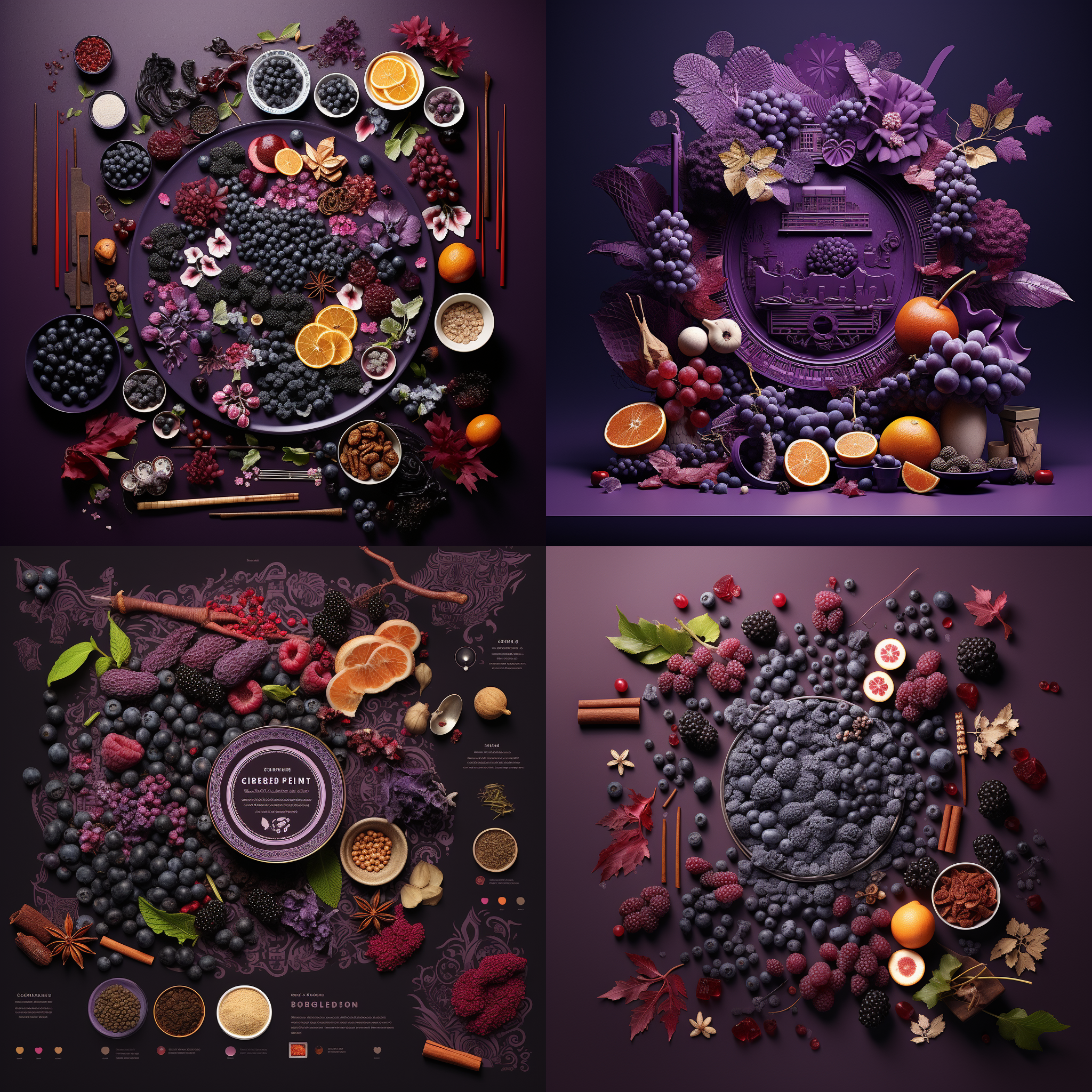 中国风主题，以花青素色调为基调。画面中展示了蓝莓、桑葚、葡萄、紫甘蓝、紫薯、黑枸杞、黑莓、蔓越莓和茄子等传统食材。背景呈现中国传统元素，并加入了logo。使用广角镜头，明亮的照明，突出细节和颜色的饱和度，表达着中国文化的美丽和丰富多样性。