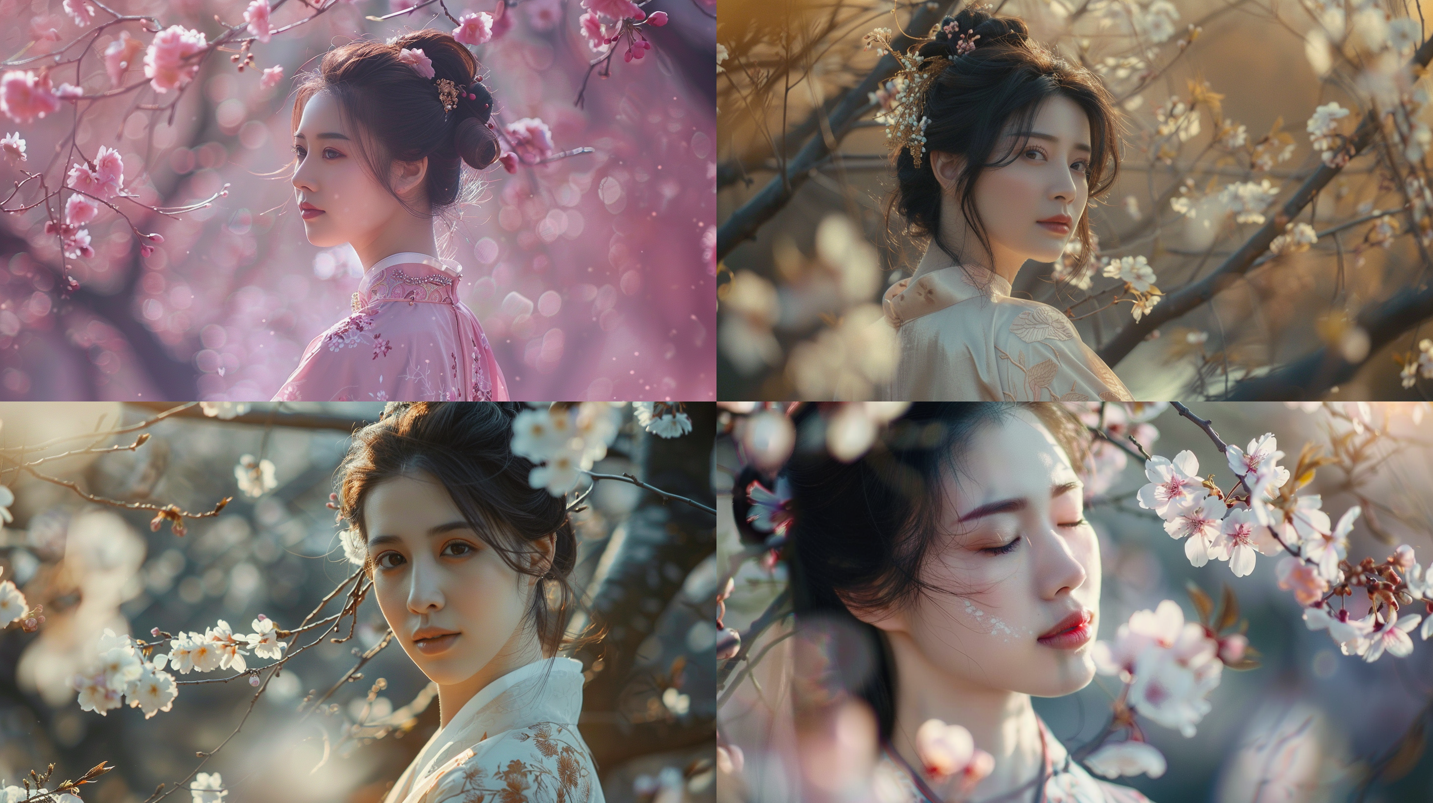 优雅中国女子，汉服，樱花森林，光影变幻，长焦镜头，对角线布局，高质量，盛开树木，婉约，温柔，自然，正面或侧面拍摄，光影，优雅，温柔。