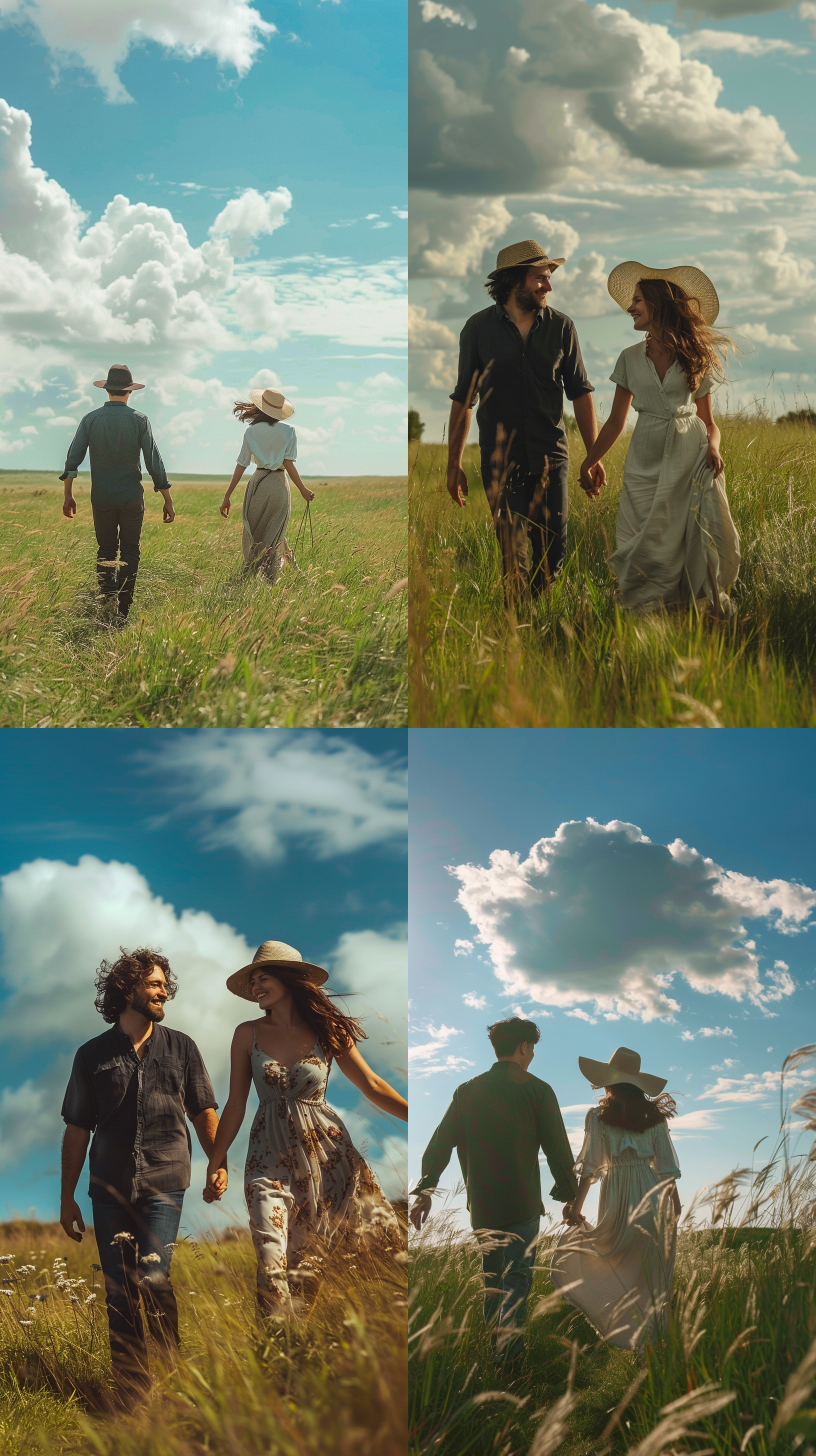 男人和女人在草原上，手牵手漫步。远处是广阔的绿色草原和蓝天白云。男人穿着深色衬衫和牛仔裤，微笑着，身体略微向前倾斜。女人穿着轻盈的长裙和宽檐帽，面带微笑，眼神温柔。风吹起他们的头发，捕捉到了他们幸福的瞬间。草原上的阳光洒在他们身上，营造出温暖而宁静的氛围。 手牵手，草原，蓝天白云，男人，女人，深色衬衫，牛仔裤，微笑，轻盈长裙，宽檐帽，风，幸福，阳光，温暖，宁静。 摄影纪实 草地 半身 太阳光 连衣裙 开心 头部特写