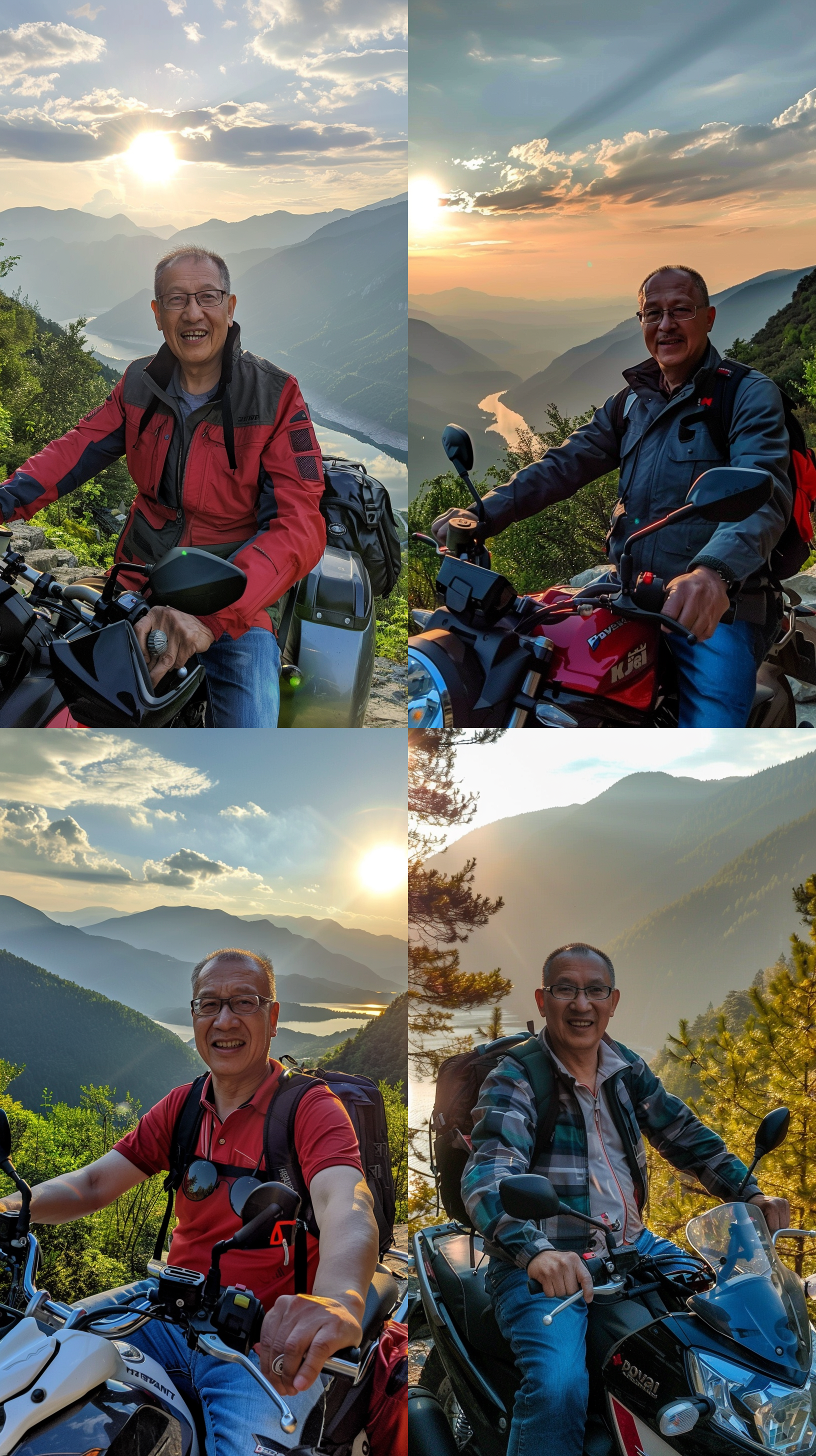 男人骑摩托微笑，山丘上，日落余晖，风景如画，夕阳倒影，中焦镜头，自然光，微笑，轻松愉悦，暖色调。 摄影纪实 充满阳光 全身 太阳光 开心