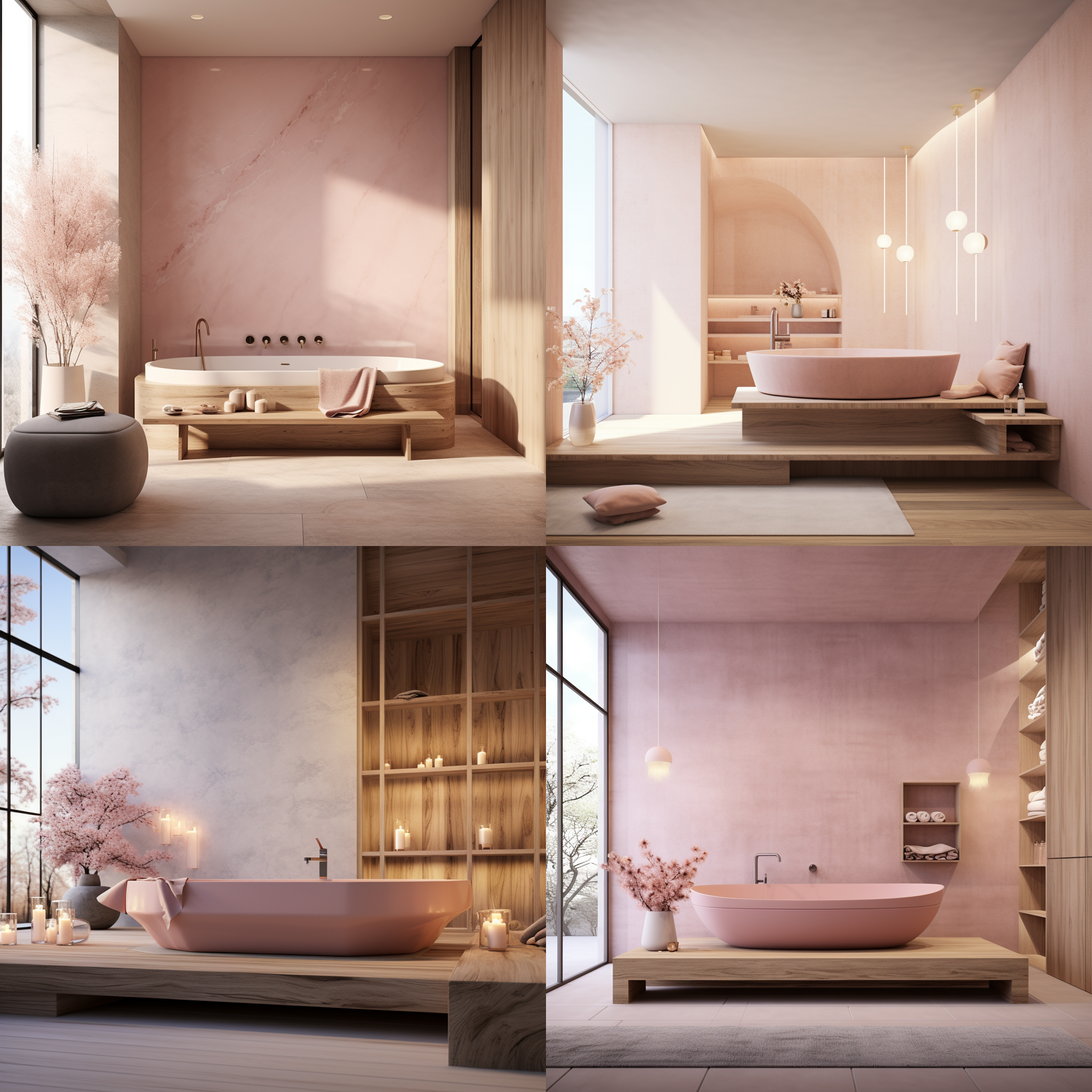 女澡堂，简约风格，粉色，大理石墙面，白色浴缸，木质蒲团，柔和灯光，清新，放松，优雅，舒适，温馨，自然。