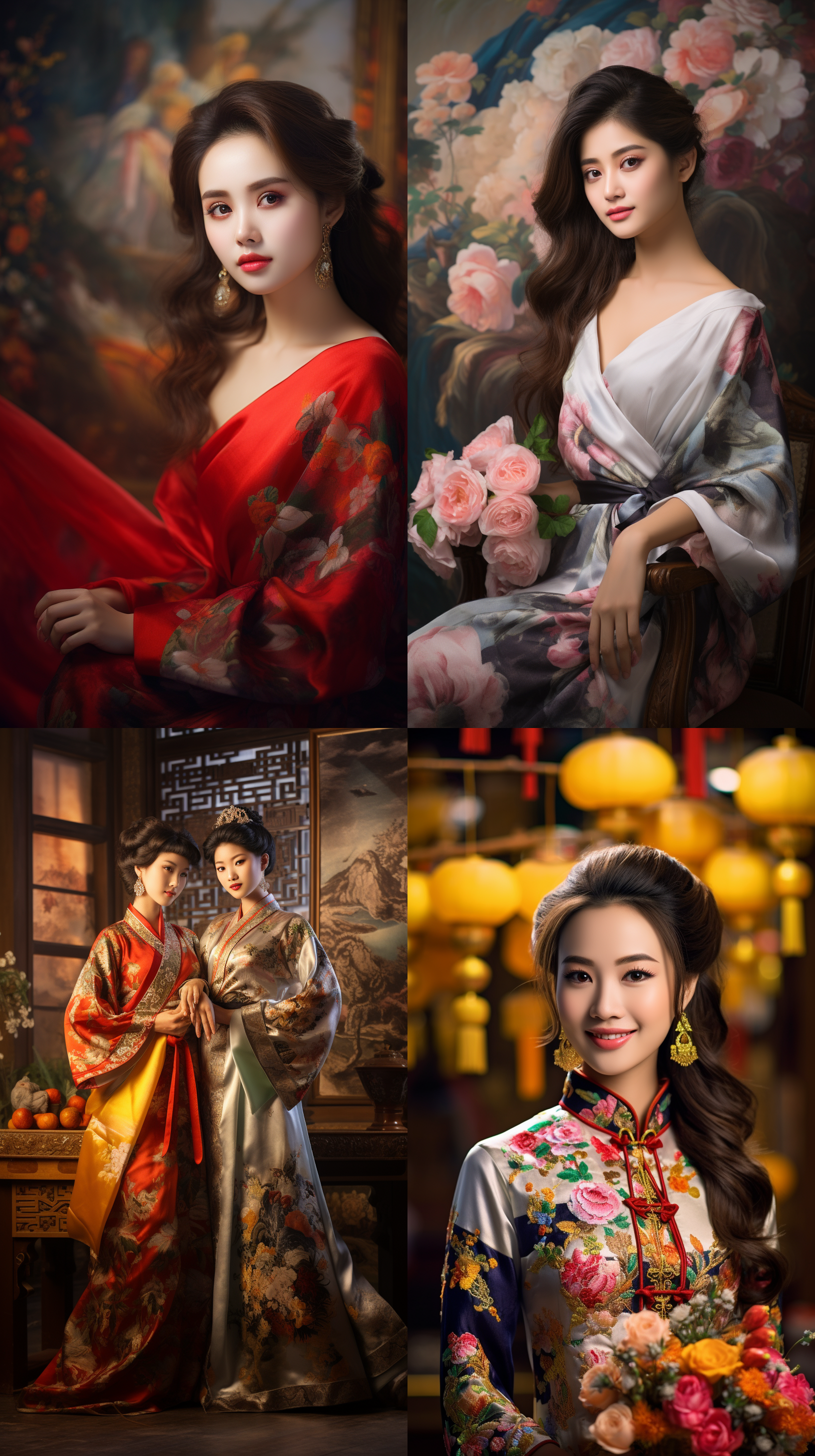 室内拍摄，明亮色调，中国模特穿着古典服装，侧面肖像，柔和光线，中焦镜头，端庄表情，优雅动作，传统元素，油画效果，温暖情感