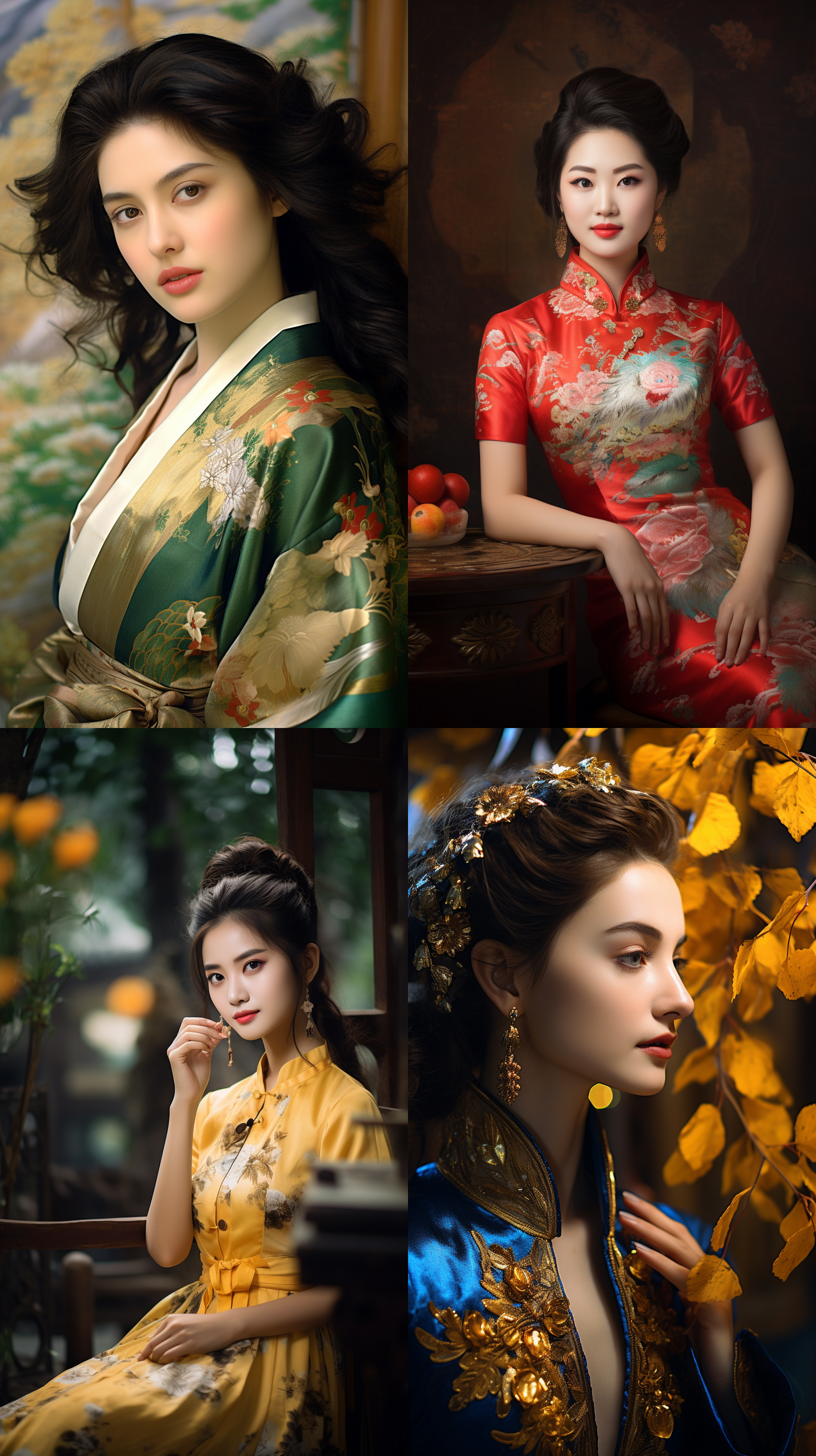 室外拍摄，明亮色调，中国模特穿着古典服装，侧面肖像，柔和光线，中焦镜头，端庄表情，优雅动作，传统元素，油画效果，温暖情感