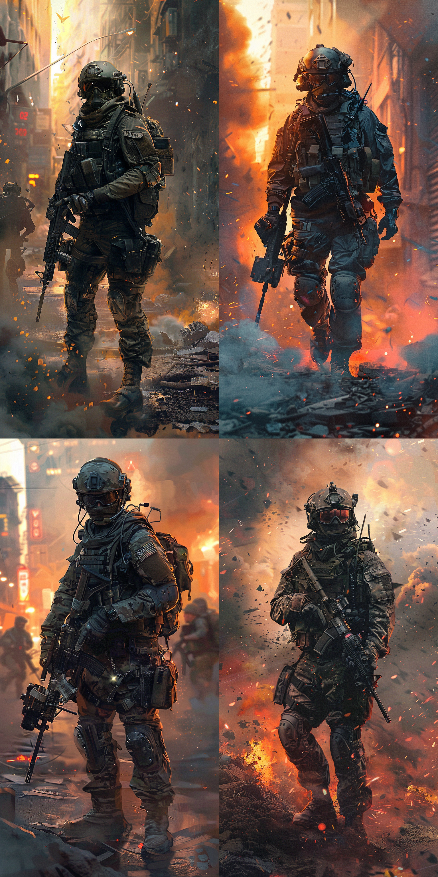 全副武装军人，战斗盔甲，冲锋枪，破旧街道，烟雾弥漫，夕阳余晖，长焦镜头，动作准备，阴影交错，金属质感，紧张。