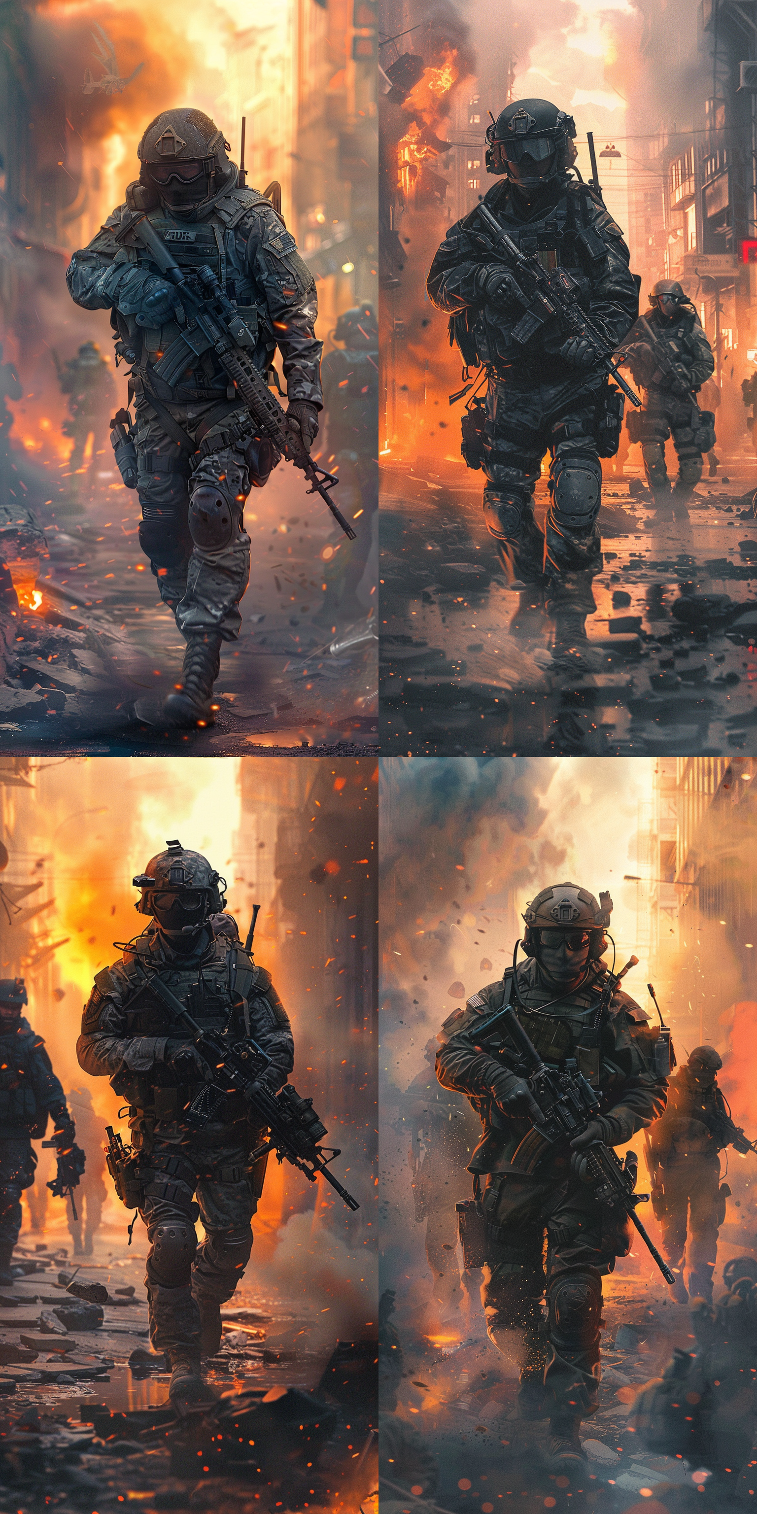 全副武装军人，战斗盔甲，冲锋枪，破旧街道，烟雾弥漫，夕阳余晖，长焦镜头，动作准备，阴影交错，金属质感，紧张。