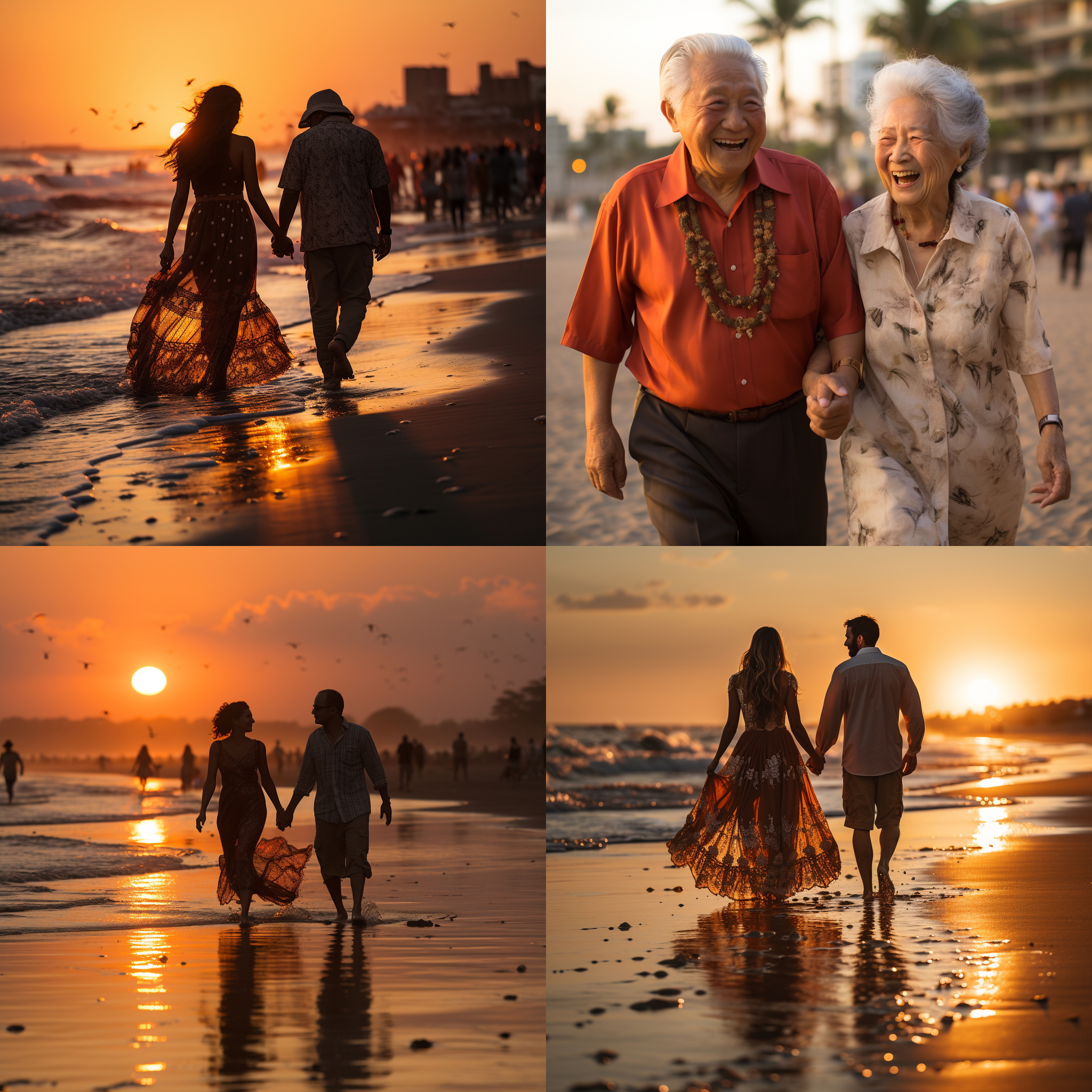 华人，老年夫妇，手牵手，海滩上，日落，温暖色调，长焦镜头，侧光，漫步，幸福，浪漫。