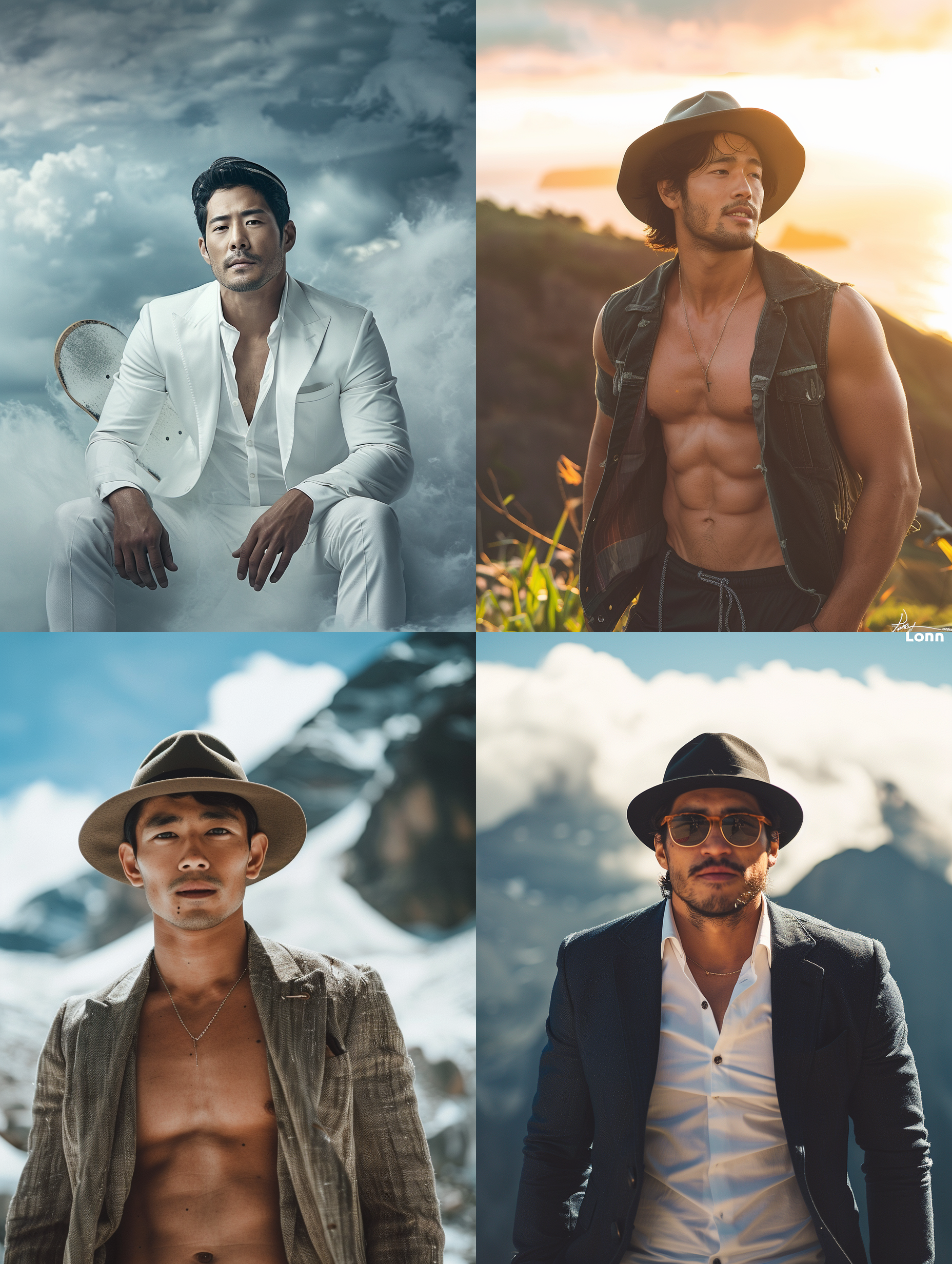 英俊的亚洲男子，敞开的西装，肌肉，滑板，帽子，山顶的悬崖，云海，时尚杂志拍摄，逼真的摄影风格，丰富细节，高清画质