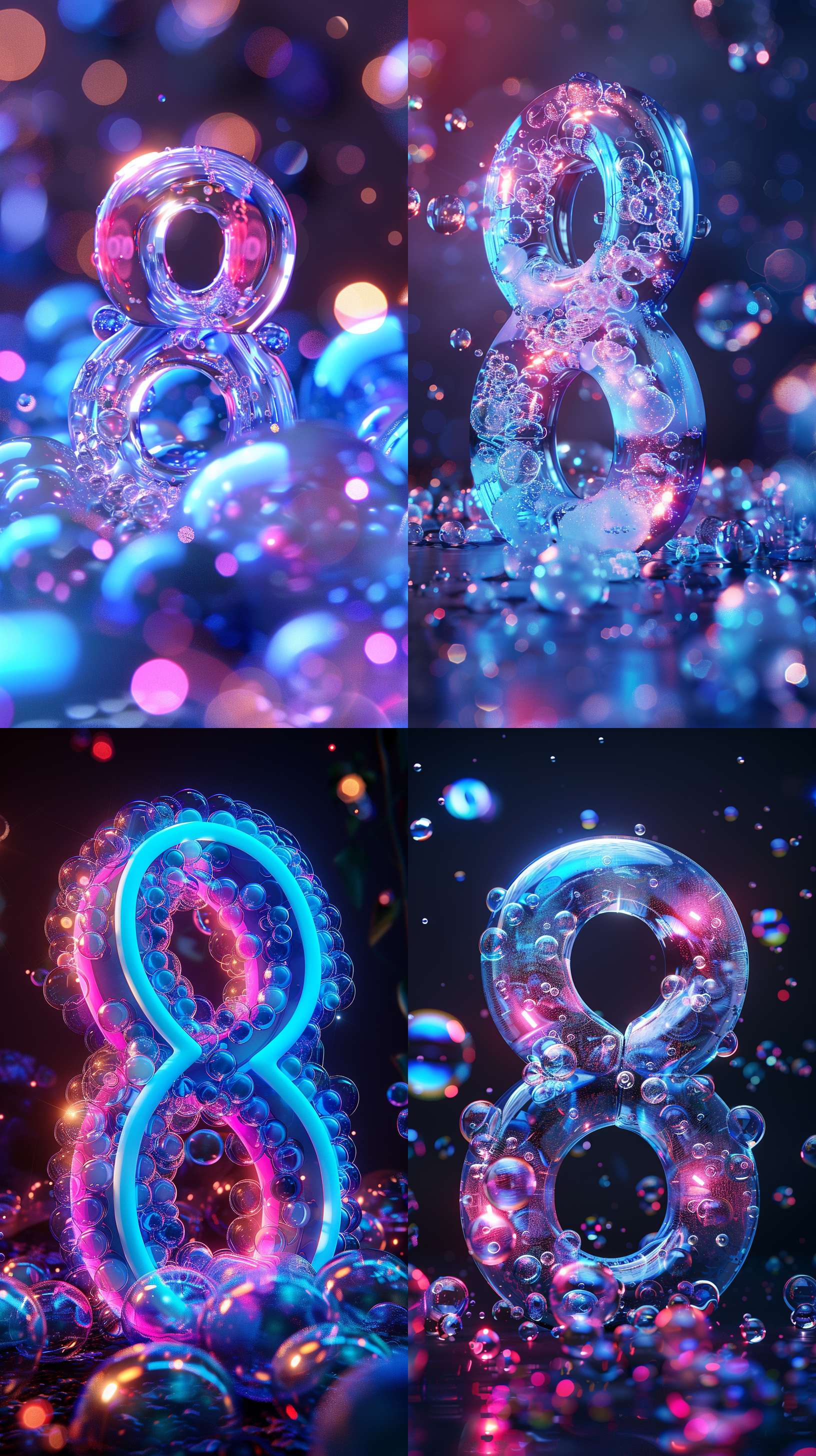 number"8", blue background,transparentbubbles, laser light, soft lighting, laser color,3d render