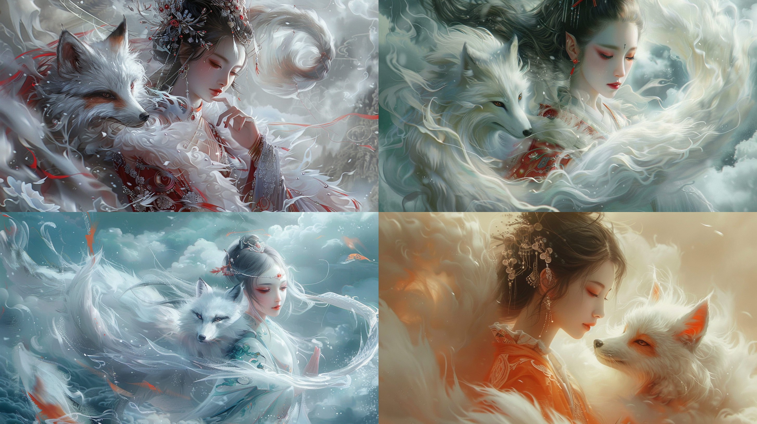 聊斋志异，狐仙，女狐仙，白色狐狸盘在女人肩上，魅惑，中式服装风格，有狐狸习性的女人，幻想，奇幻，云雾，无与伦比的细节