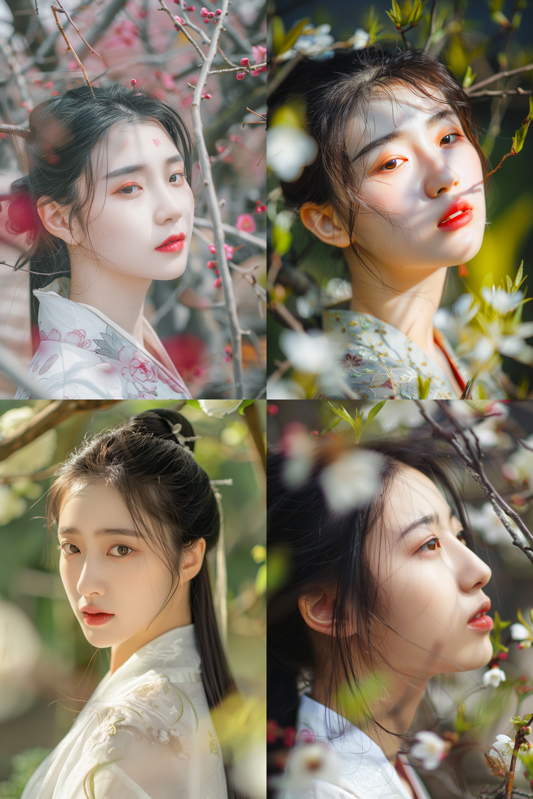 马尾，须发，慈眉善目，眼角向上，单眼皮，中国美女，18岁，20岁，高鼻梁，喜庆，院子，树木花草，红润嘴唇，白皙皮肤，皮肤反光，暖色调天气，白天，单反画质，真实人物，汉服，胸围d，