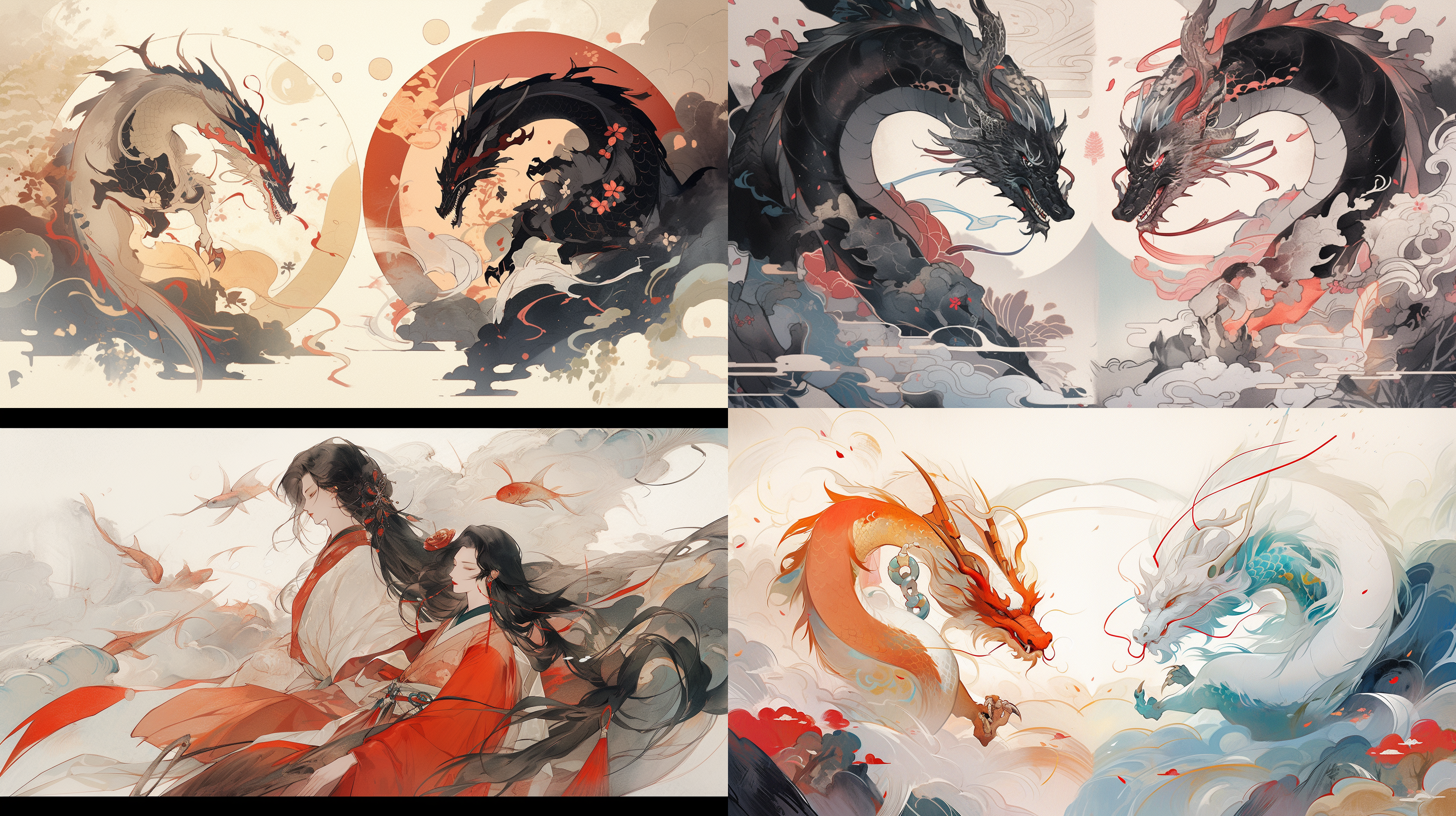 二月二龙抬头，国画风格，极简主义，山水画布局，古风服饰，静态，水墨色调，长焦镜头，自然光，端庄仪态，宁静，超高清画质。