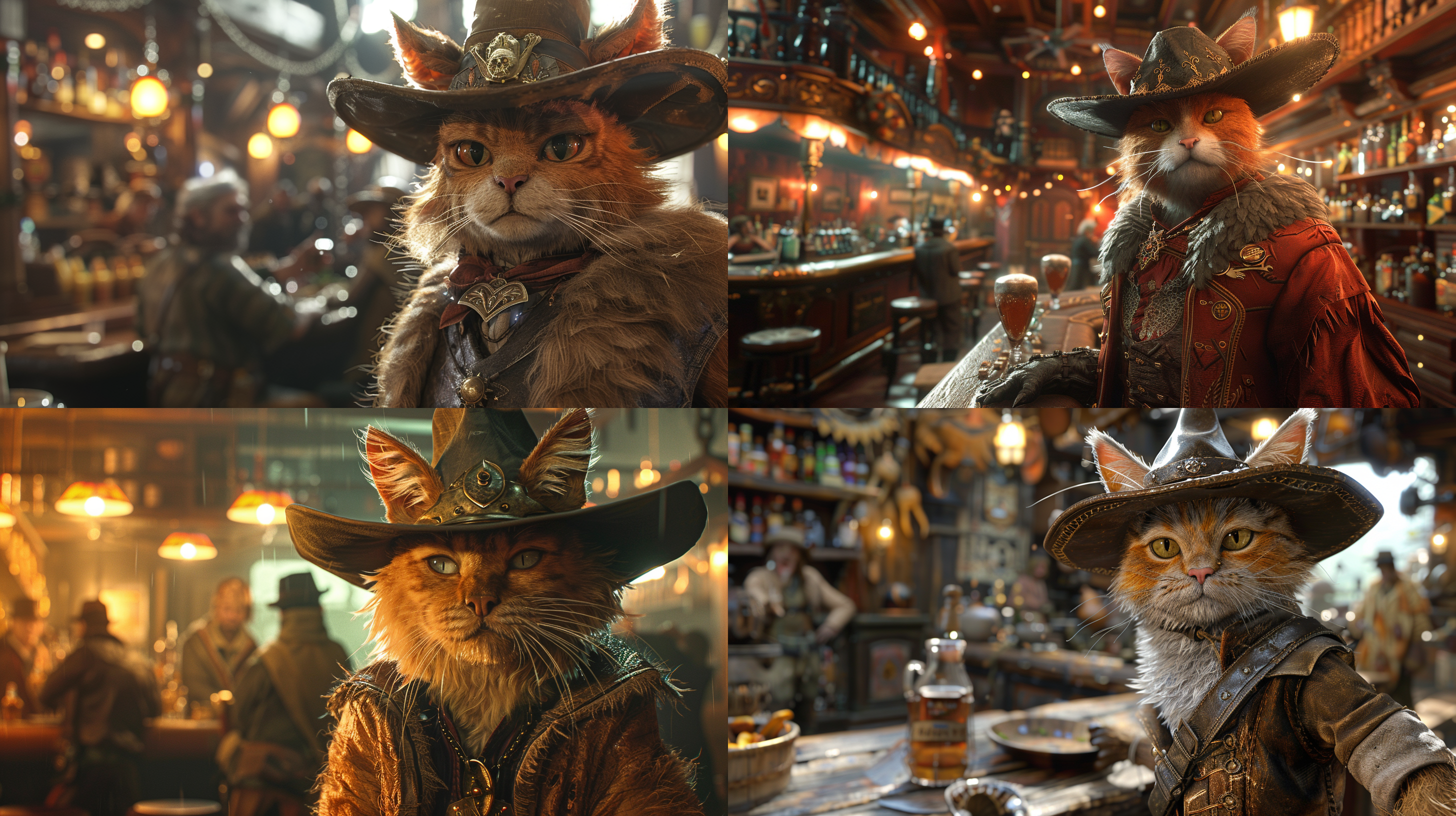 橘猫，戴插羽毛的宽檐帽，穿靴子，佩剑，在酒吧里面对着包围他的敌人，自信而狂放不羁的表情 虚幻引擎