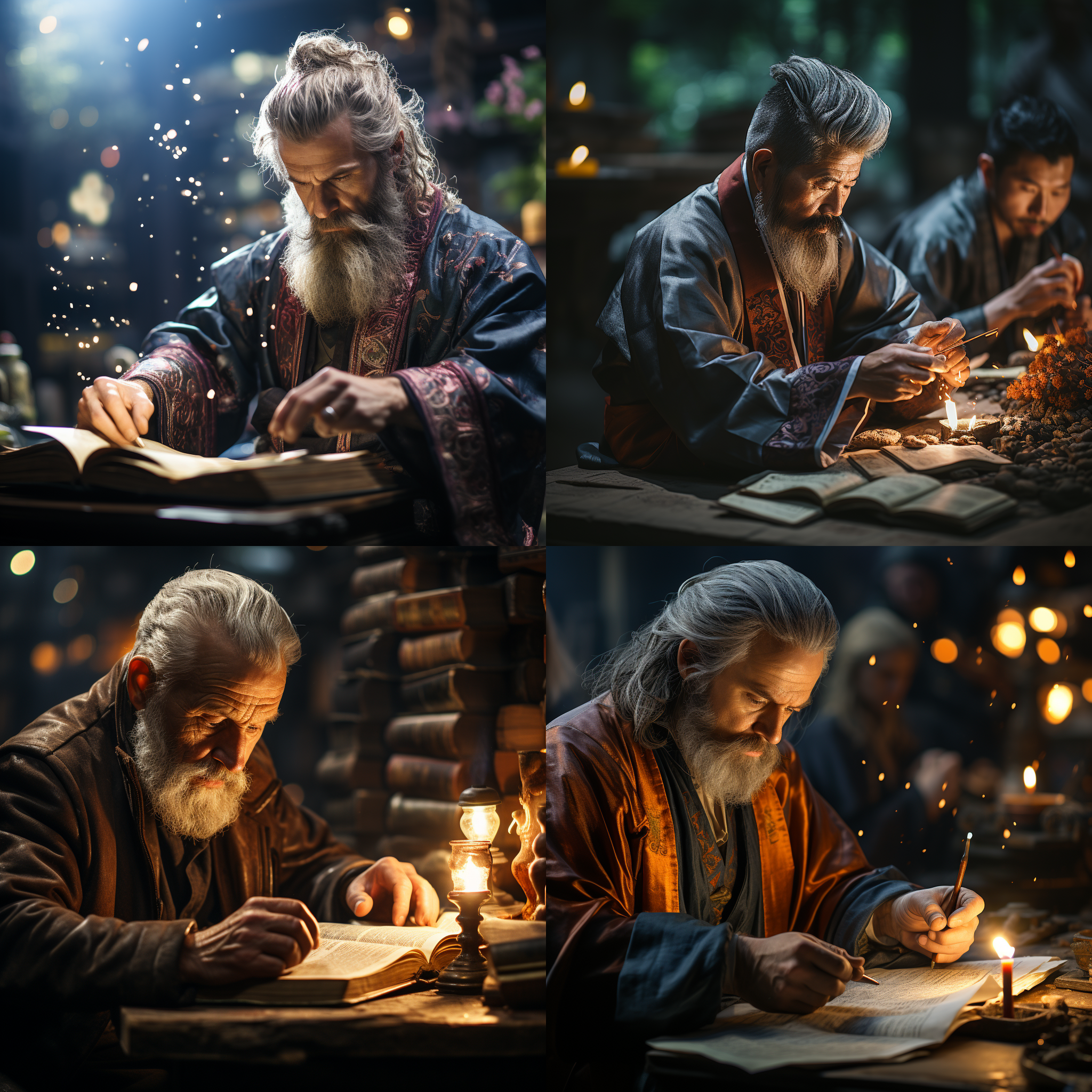 华人，老年男子在书桌前专注地阅读，房间内充满书籍和知识的氛围。他身着传统中式长袍，脸上带着微笑和智慧的表情。柔和的灯光透过窗户洒在书桌上，映衬出他的笔墨风范。经典黑白摄影，纹理鲜明，细节丰富。知识，智慧，儒雅，尊严，自律，温和。