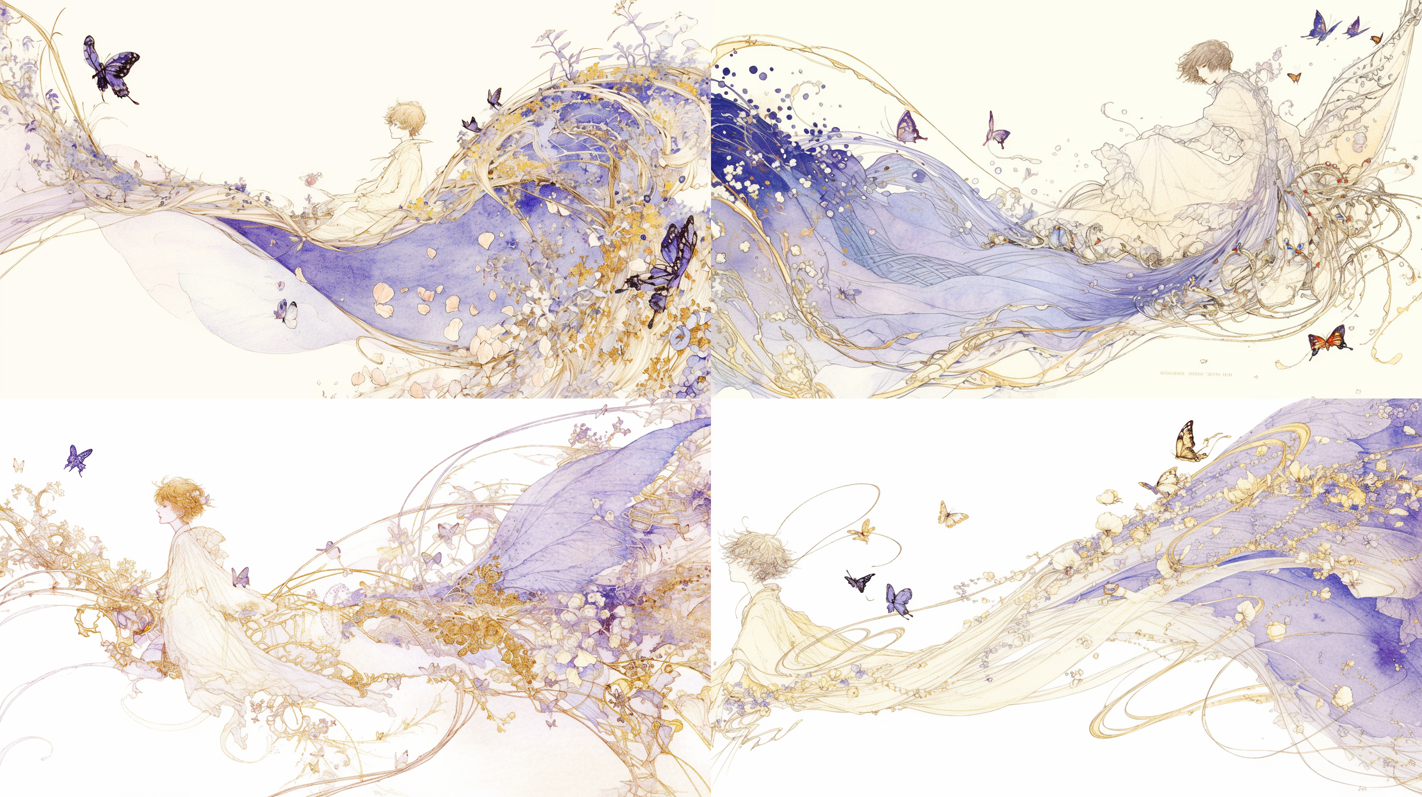短发少年在空中，身边有许多美丽的小鸟和蝴蝶飞舞，隐隐约约形成一个波浪的队形贯穿画面。还有少许花瓣和叶子也在一起飞舞，蓝、金、粉、白色调！ amano yoshitaka style。华丽绚烂，极致细节。画面要透气，有空灵感。高完成度。海报质量。
