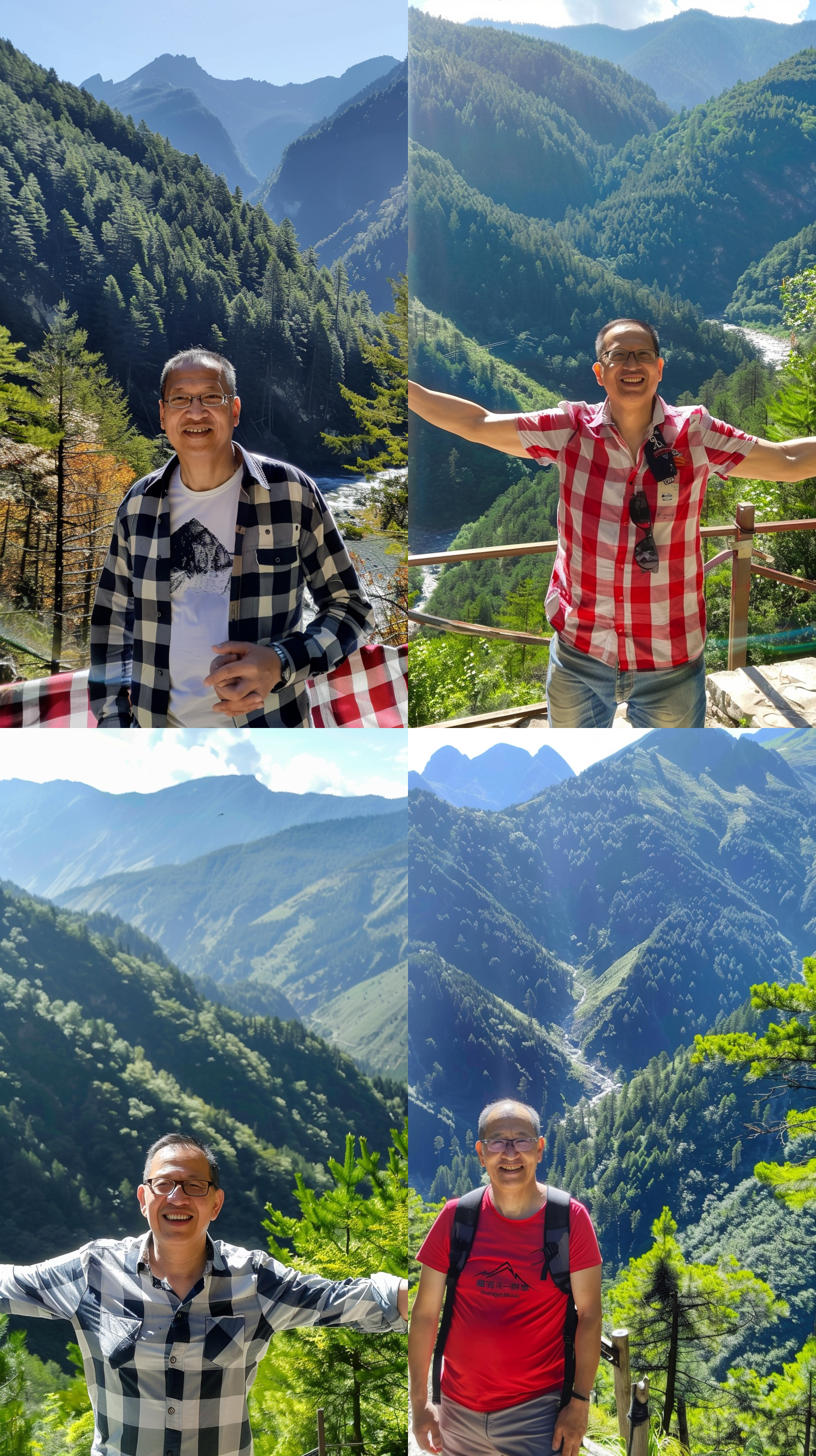 男人微笑，山林背景，自然光，中焦镜头，户外，绿色调，放松，微笑，自然。 摄影纪实 全身 太阳光 开心