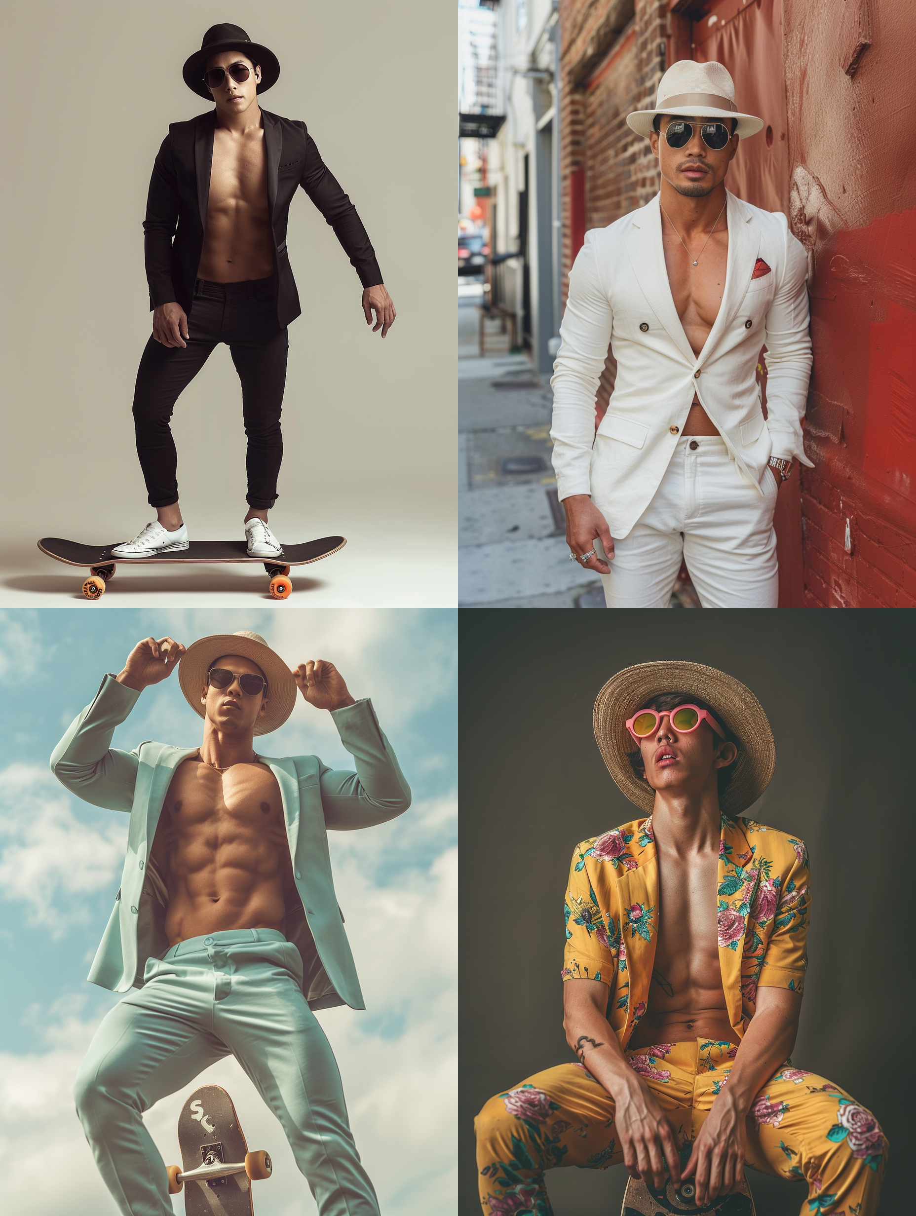 英俊的亚洲男子，敞开的西装，肌肉，滑板，墨镜，帽子，时尚杂志拍摄，逼真的摄影风格，丰富细节，高清画质